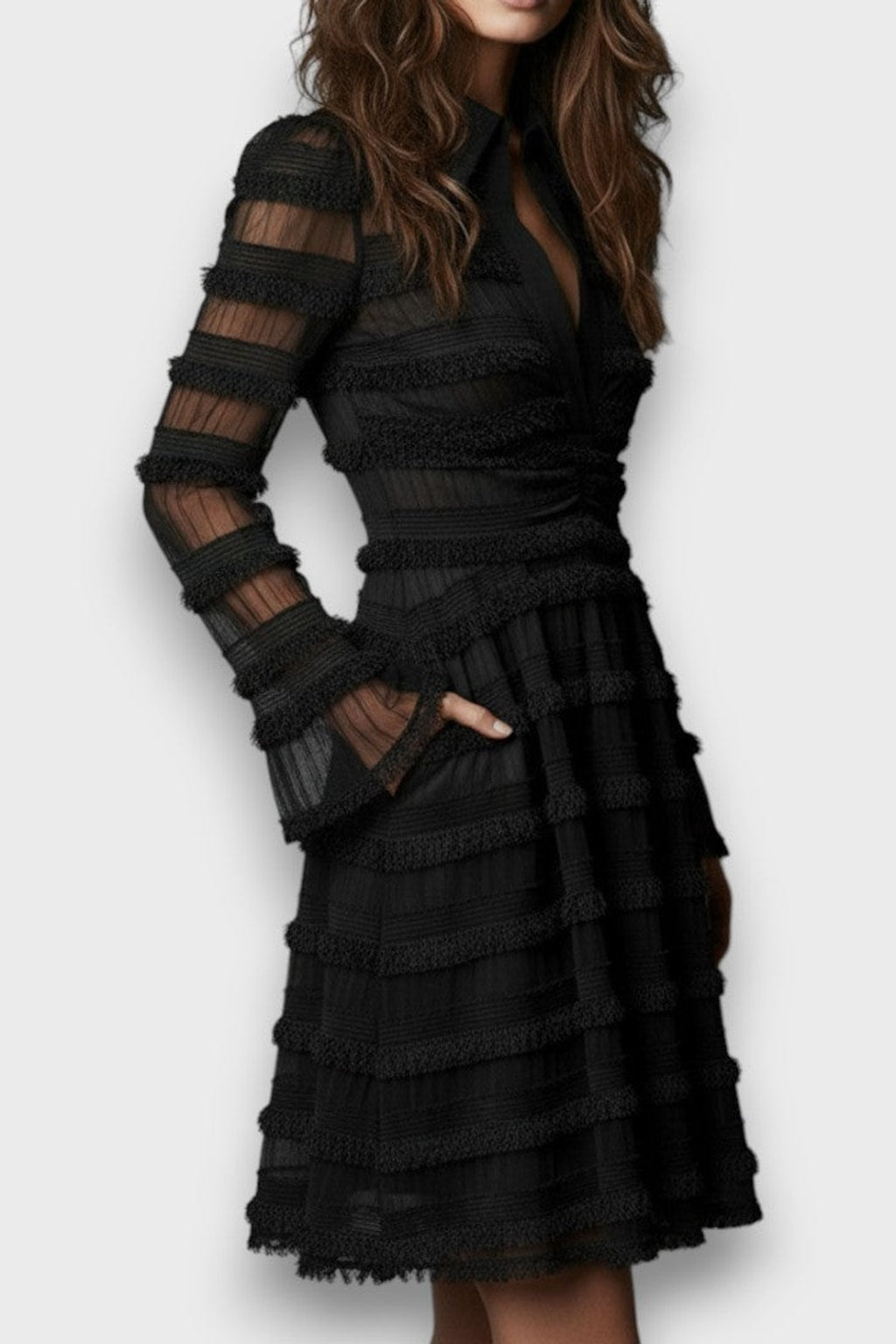 Black V-Neck Midi Dress With Long Sleeves - 6