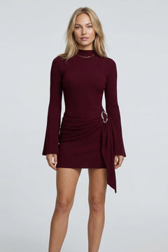Ribbed Knit Mini Dress With Side Drape - 2