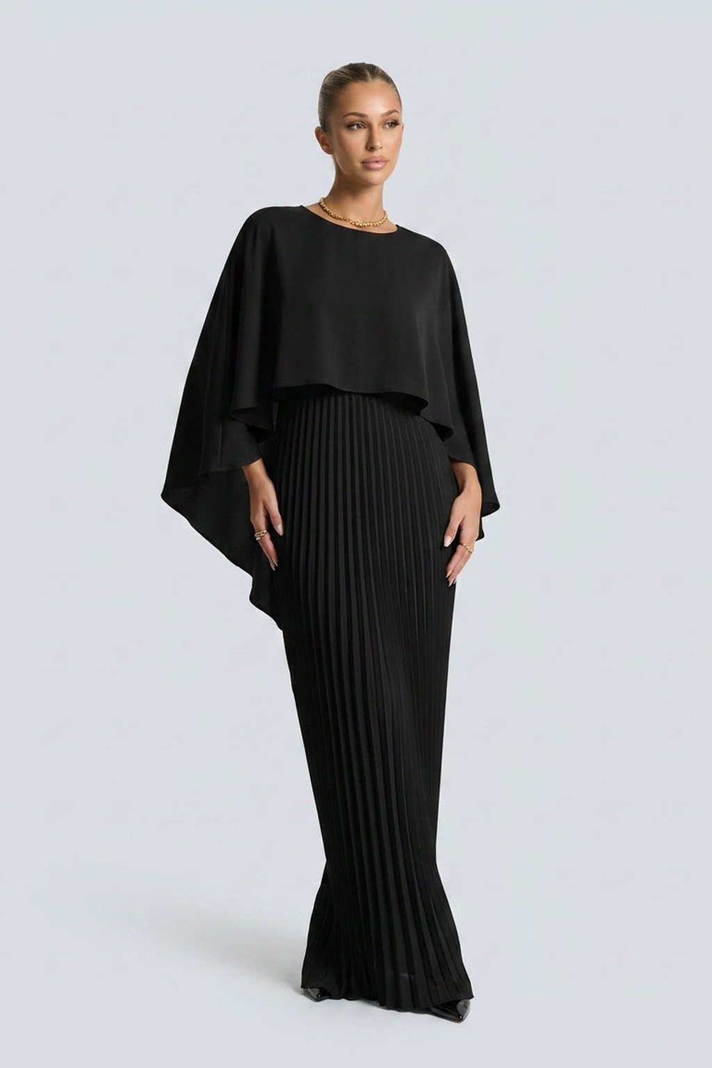Pleated Cape Overlay Maxi Dress - 4