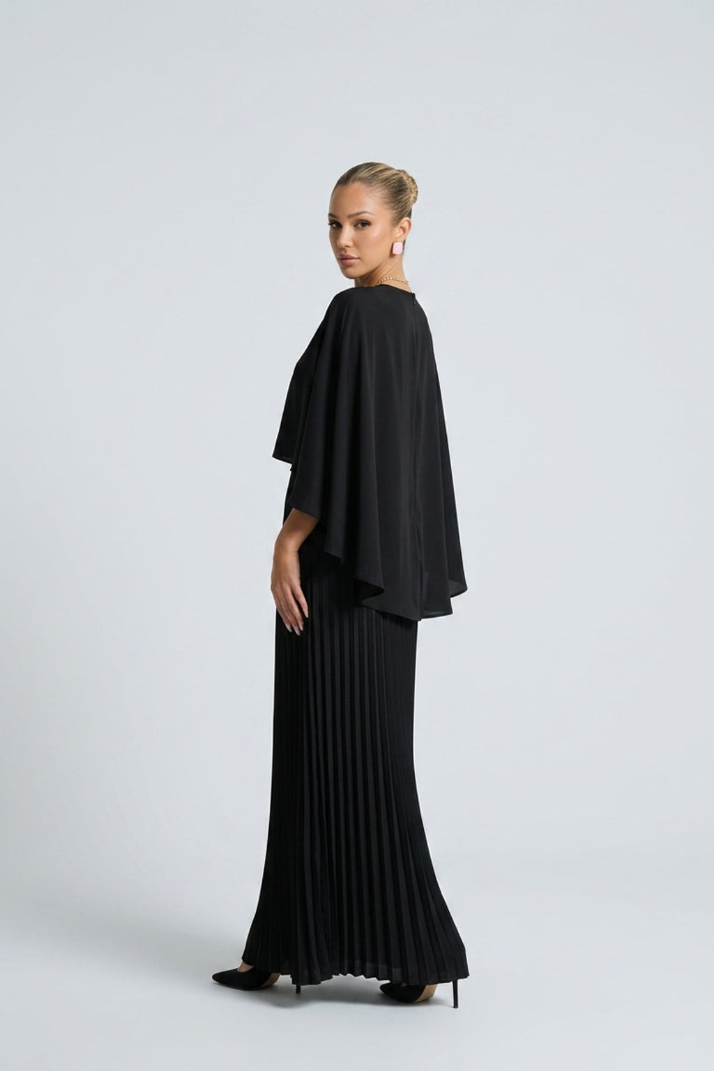 Pleated Cape Overlay Maxi Dress - 5