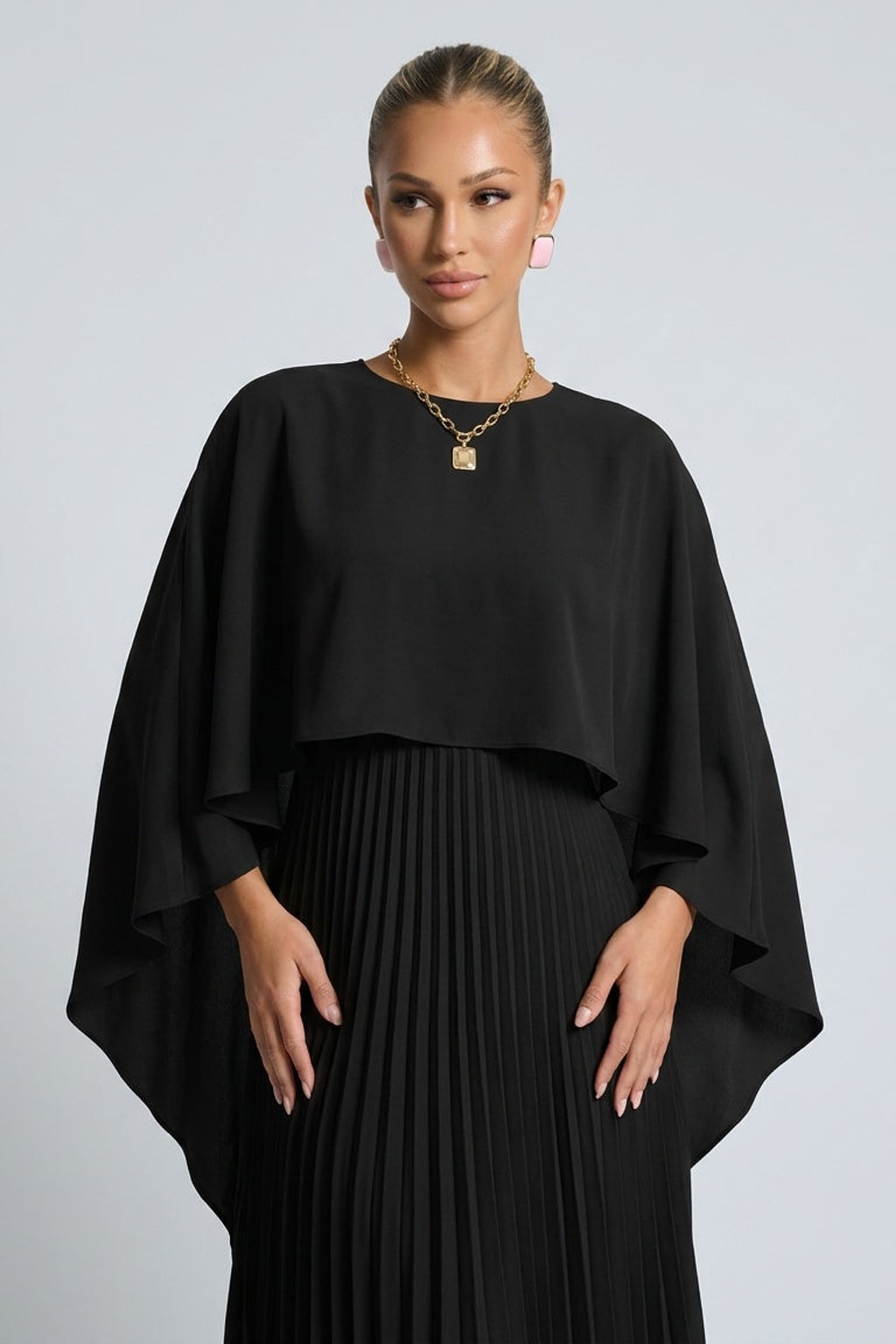 Pleated Cape Overlay Maxi Dress - 6