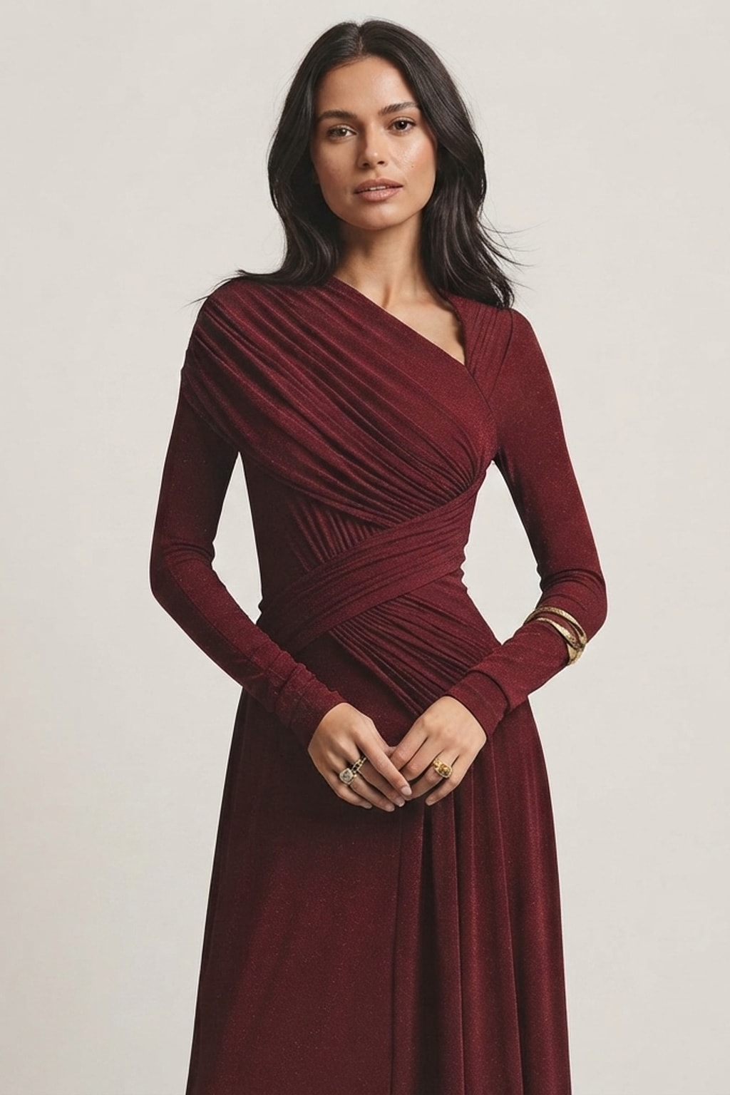 Maxi Dress with Asymmetric Ruching and Long Sleeves - 2