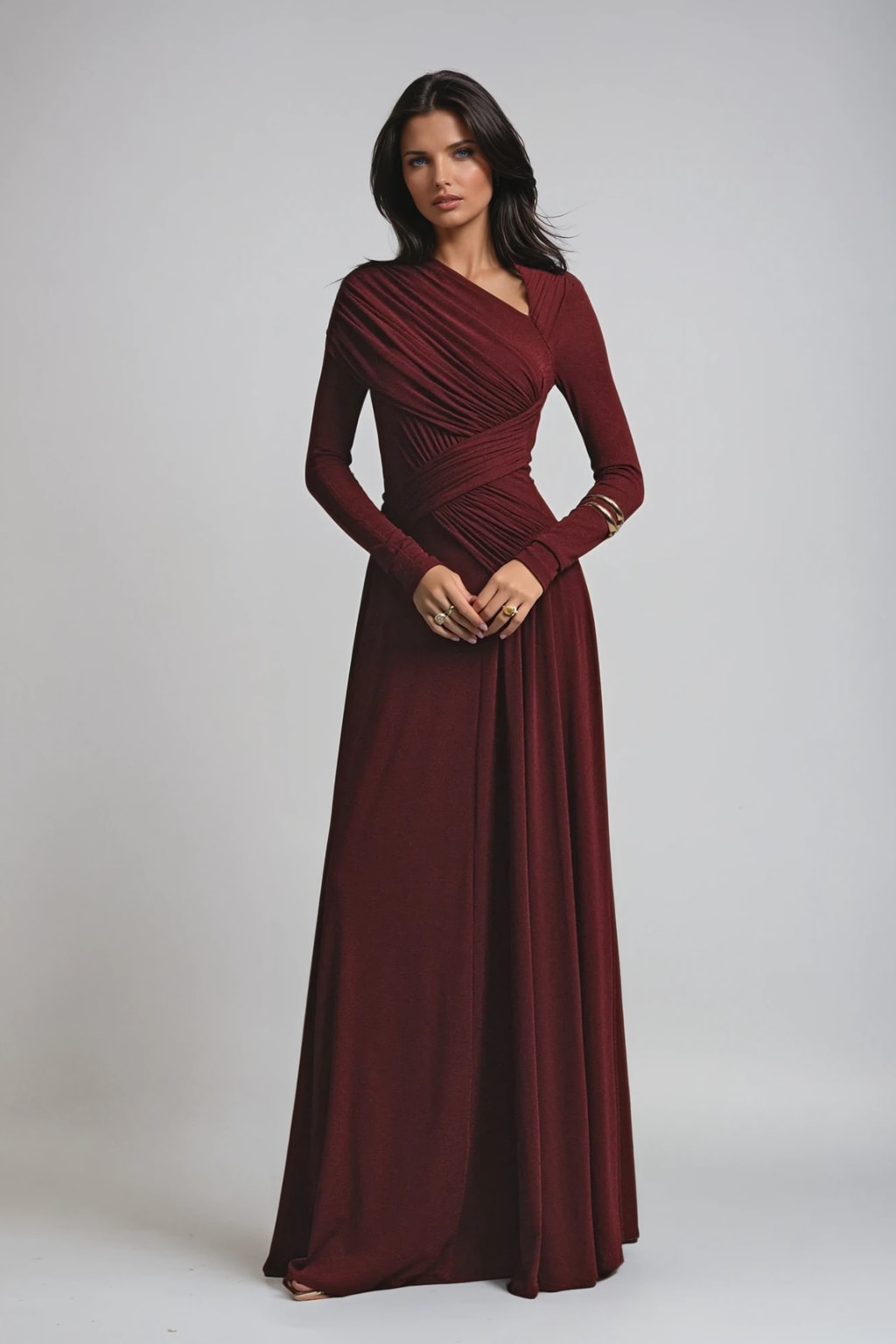 Maxi Dress with Asymmetric Ruching and Long Sleeves - 3
