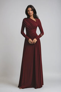 Maxi Dress with Asymmetric Ruching and Long Sleeves - 3