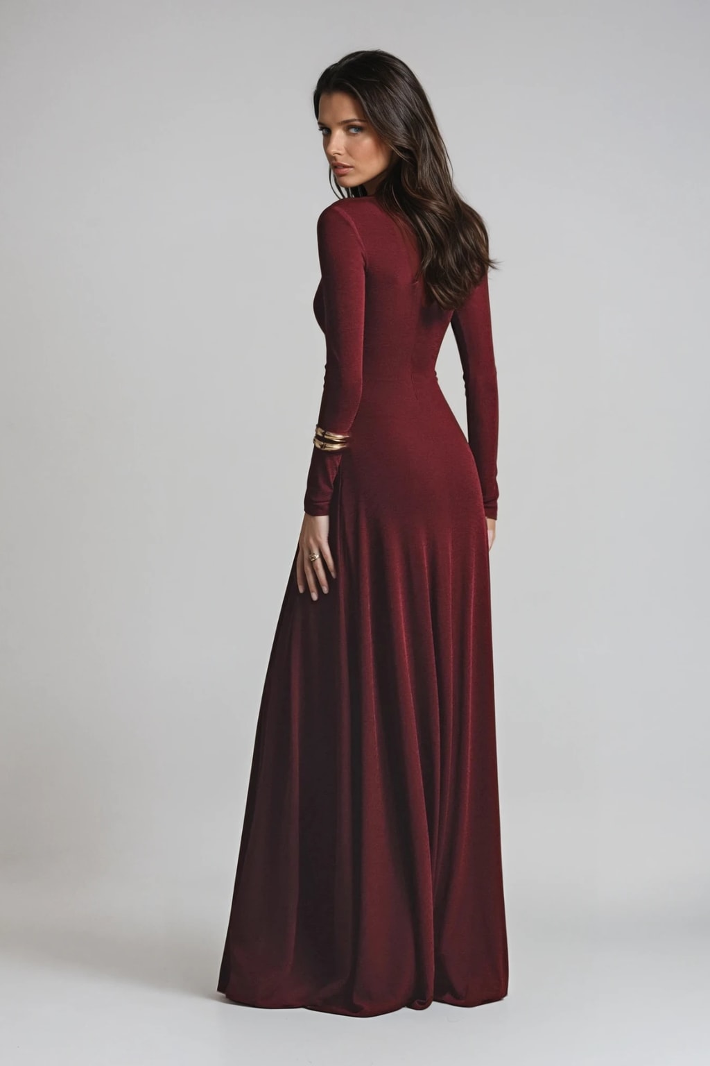Maxi Dress with Asymmetric Ruching and Long Sleeves - 4