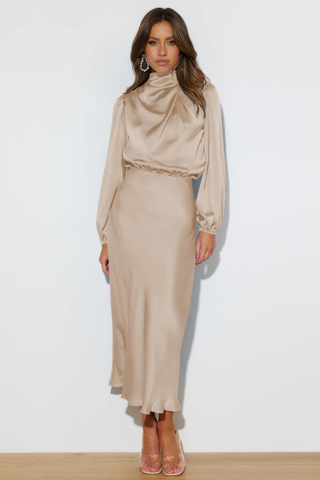 Satin High-Neck Midi Dress - 5