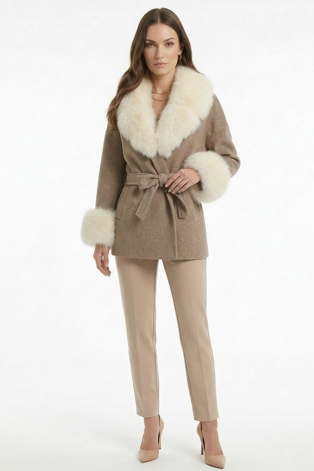 Double-Sided Wool Coat With Fur Collar - 7