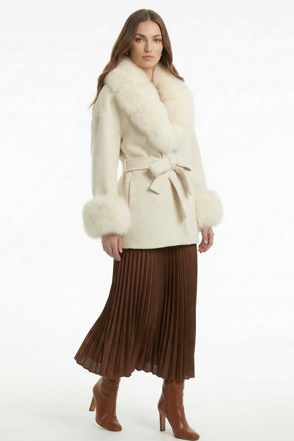Double-Sided Wool Coat With Fur Collar - 9