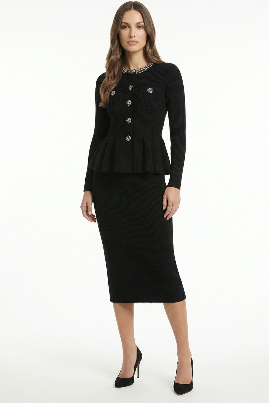 Knitted Two-Piece Jacket And Skirt Set With Rhinestone Trim - 5