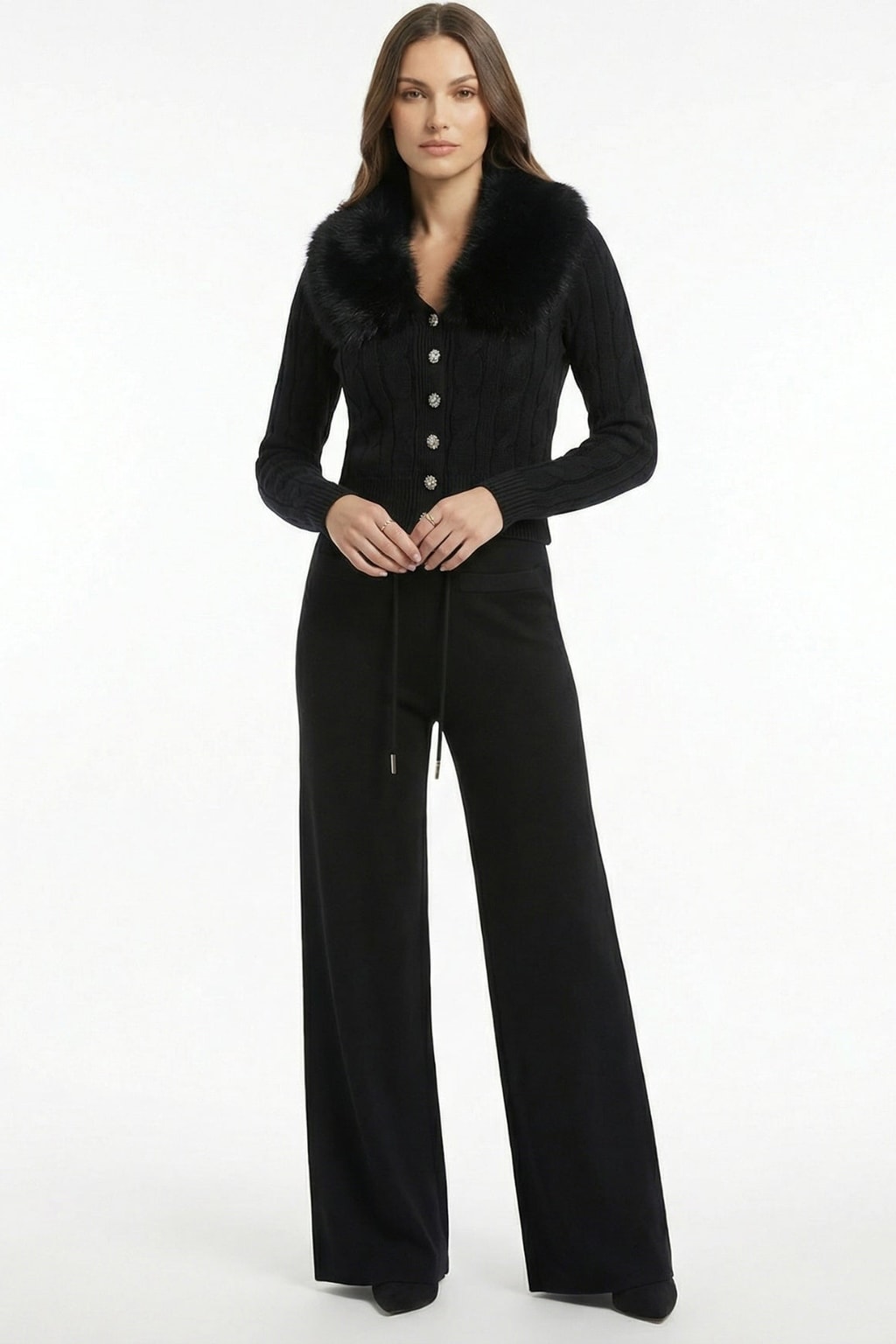 Knit Cardigan And Pants Set With Faux Fur Collar - 5