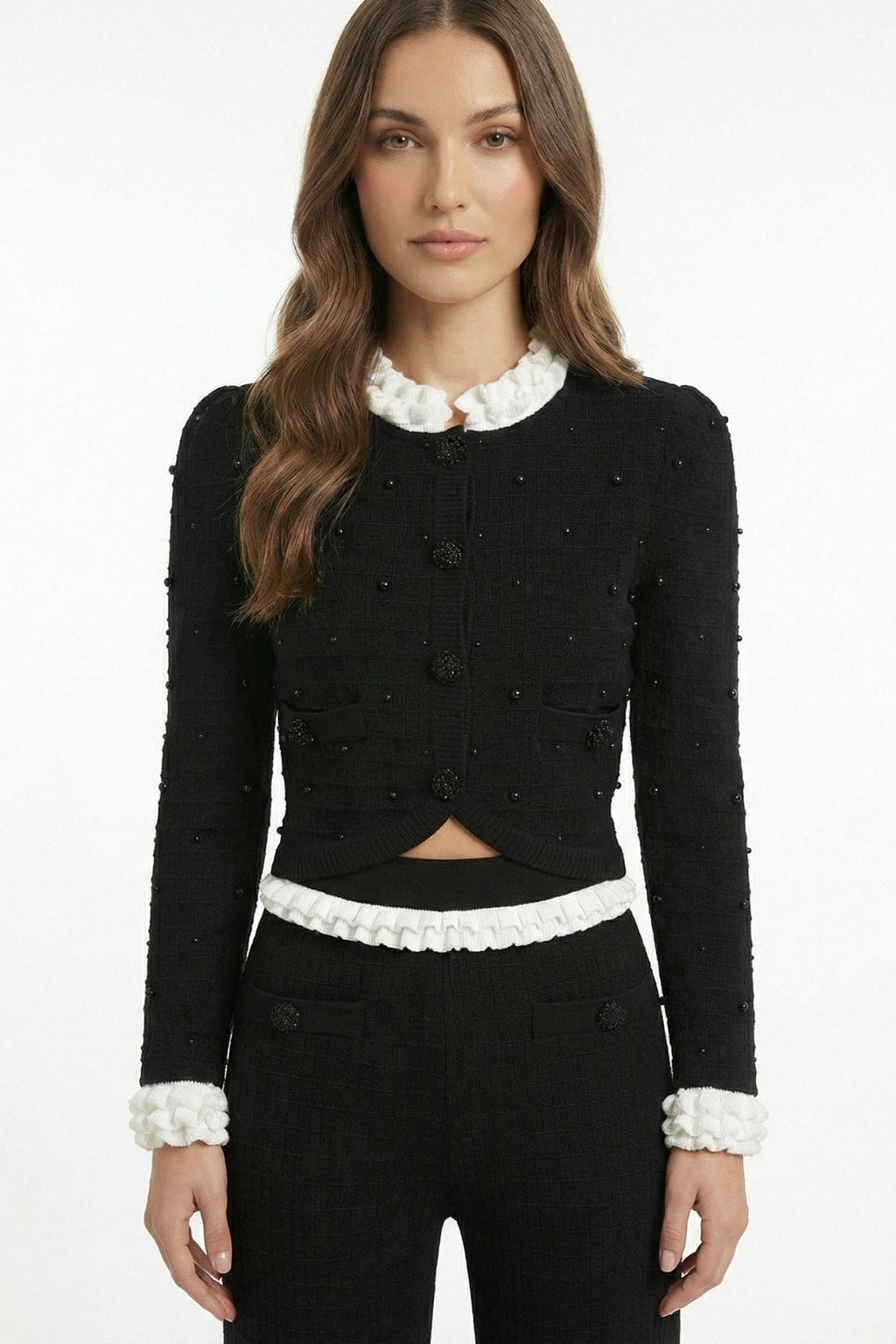 Knit Cardigan And Pants Set With Beaded Detail - 4