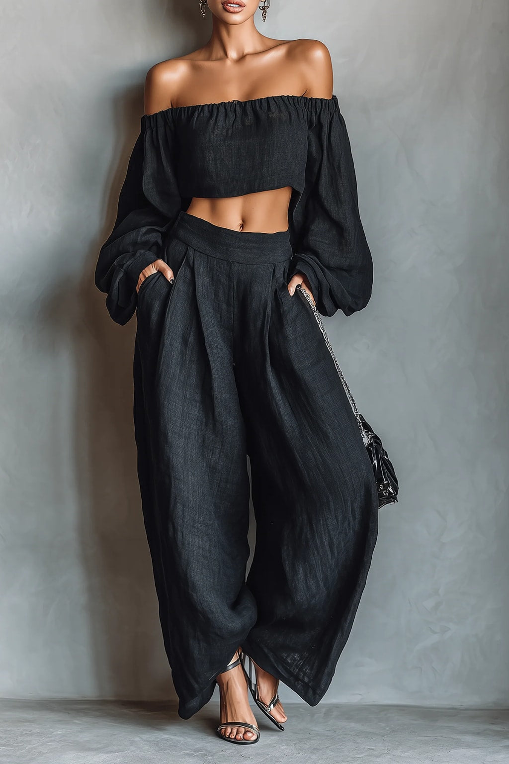 Linen-Blend Strapless Two-Piece Set With Wide-Leg Pants - 2