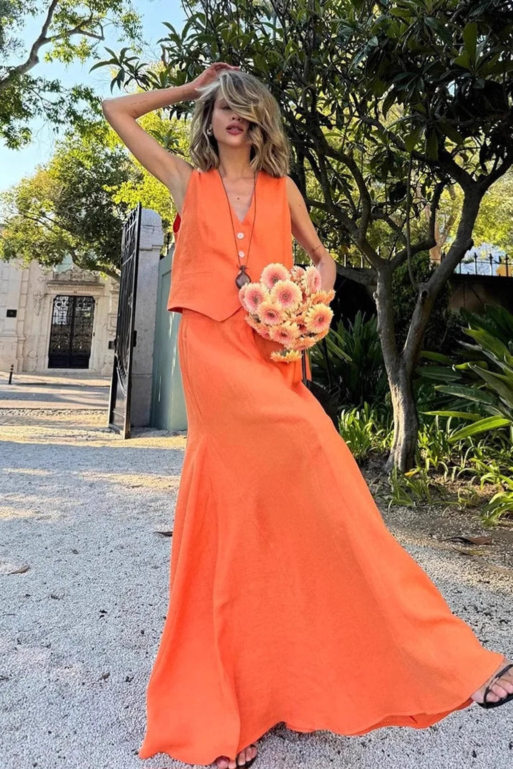 Linen Vest and Maxi Skirt Set in Orange - 3
