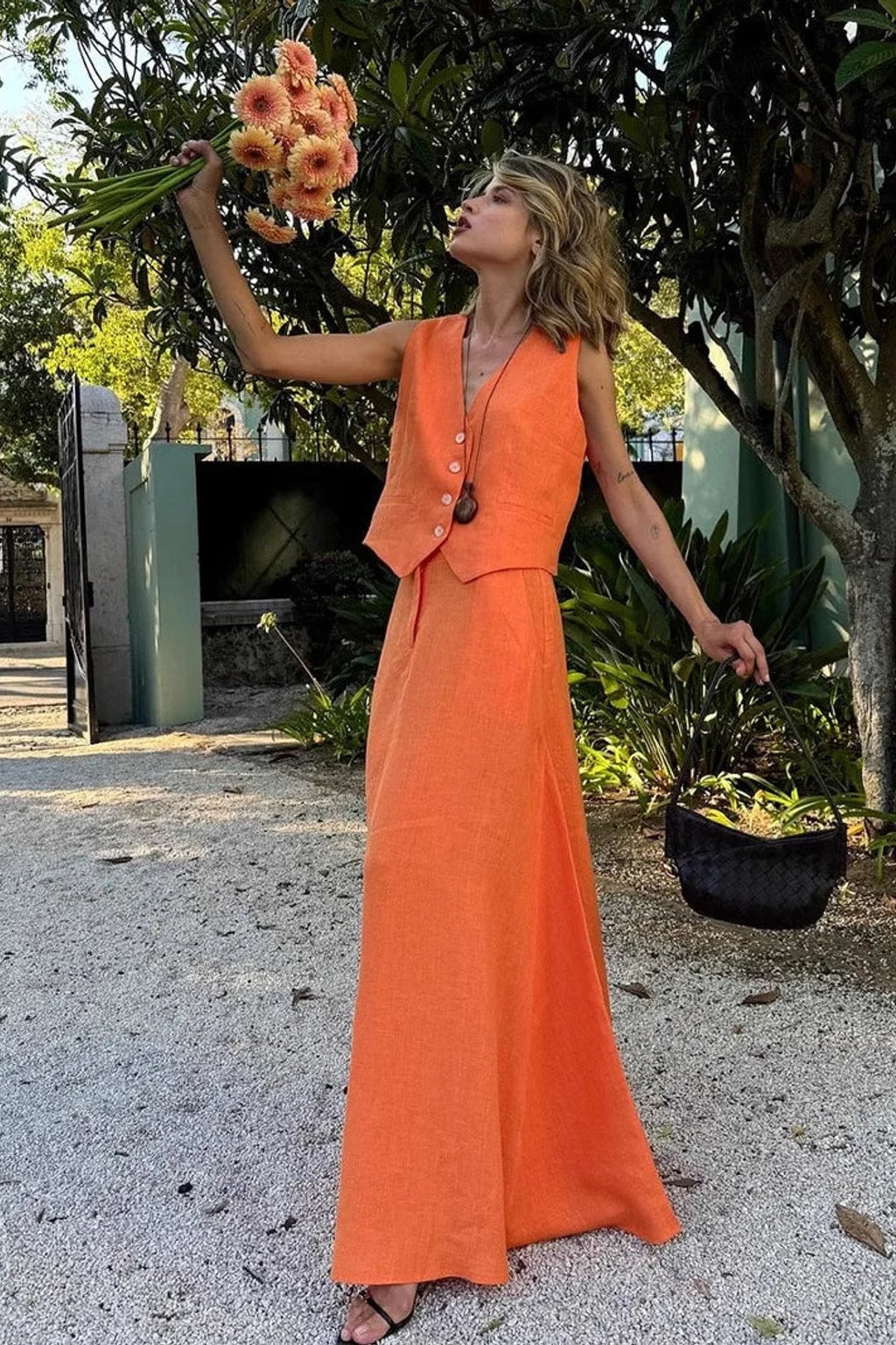 Linen Vest and Maxi Skirt Set in Orange - 4