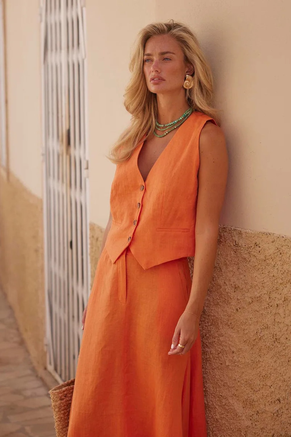 Linen Vest and Maxi Skirt Set in Orange - 7