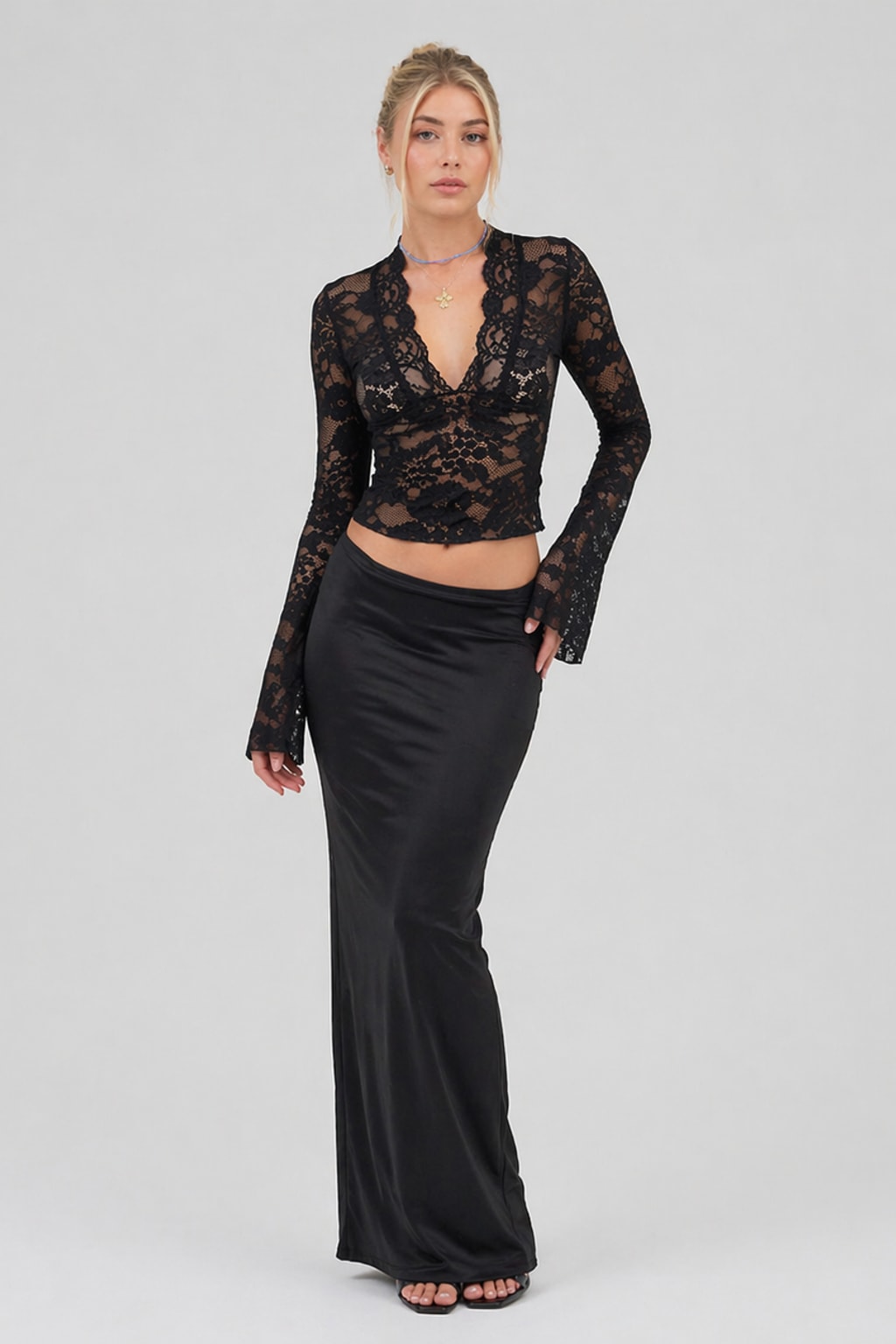 Black Sheer Floral Long Sleeve Top - 7