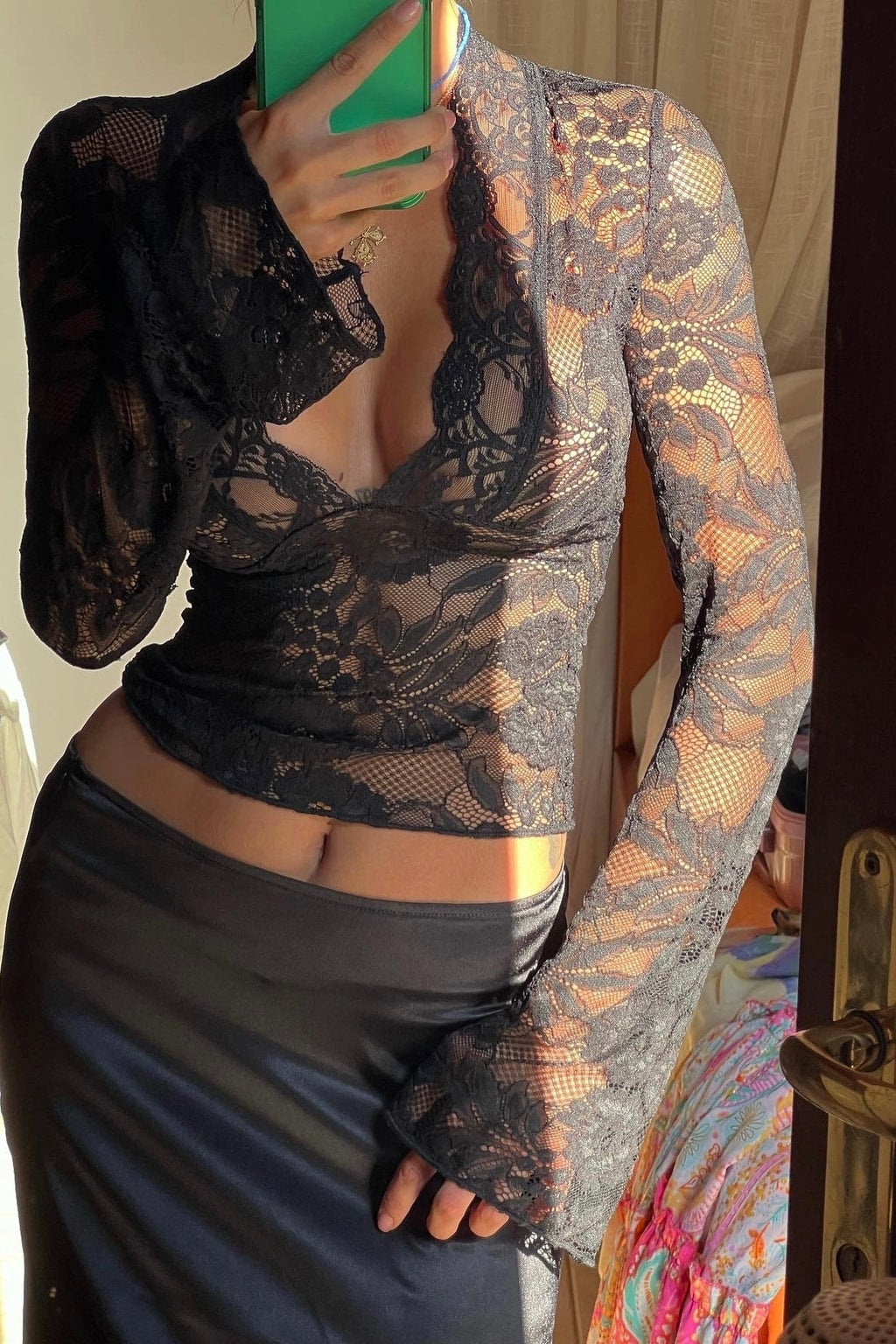 Black Sheer Floral Long Sleeve Top - 4