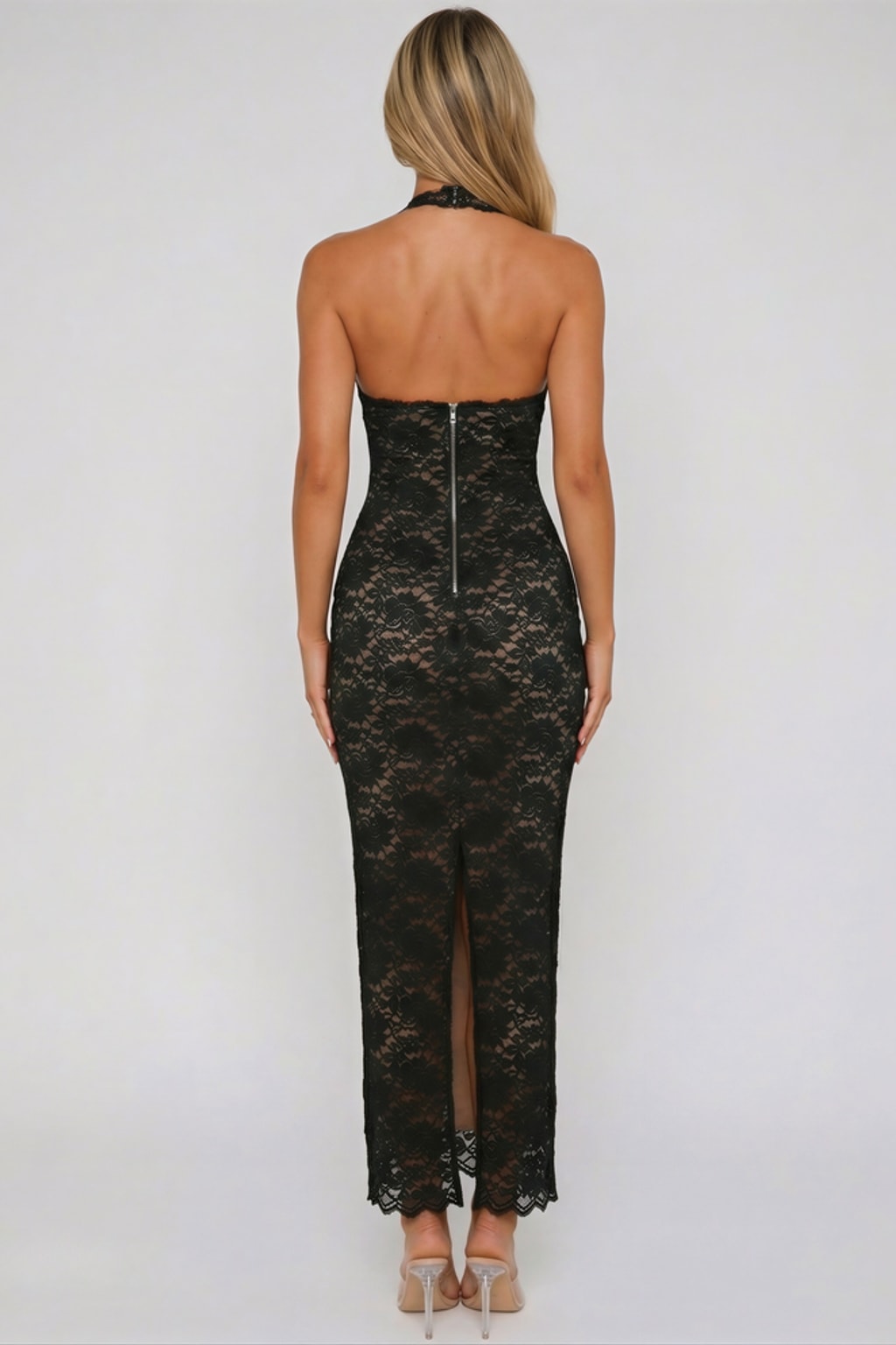 Black Lace Halter Maxi Dress With Bodycon Fit - 5