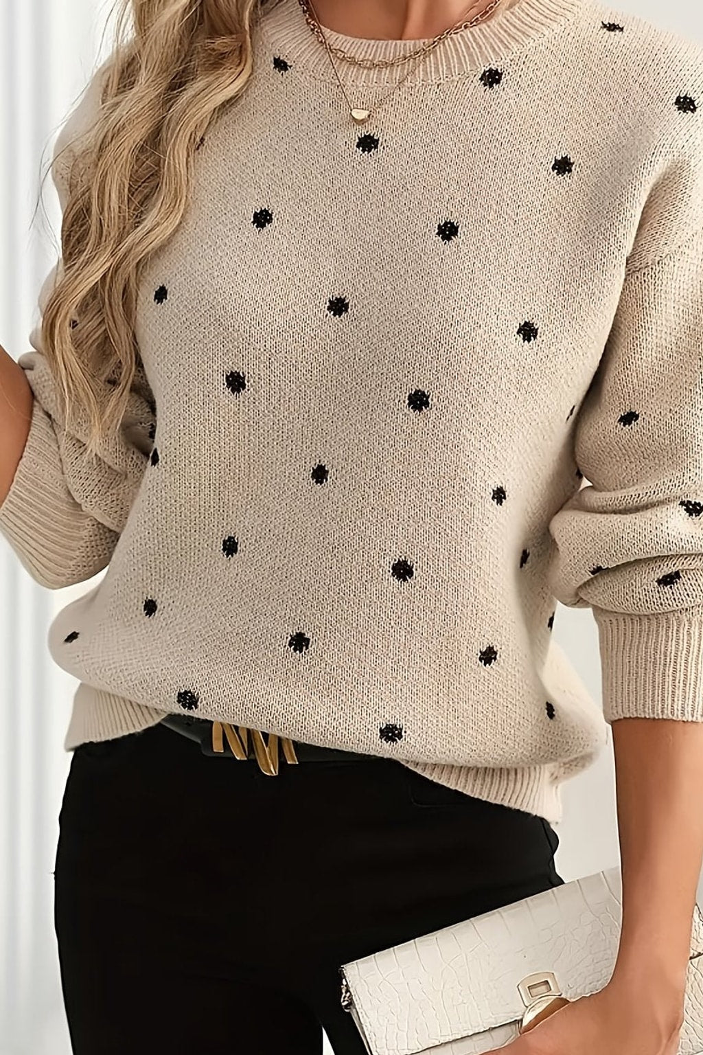 Knit Polka Dot Sweater with Round Neckline - 2
