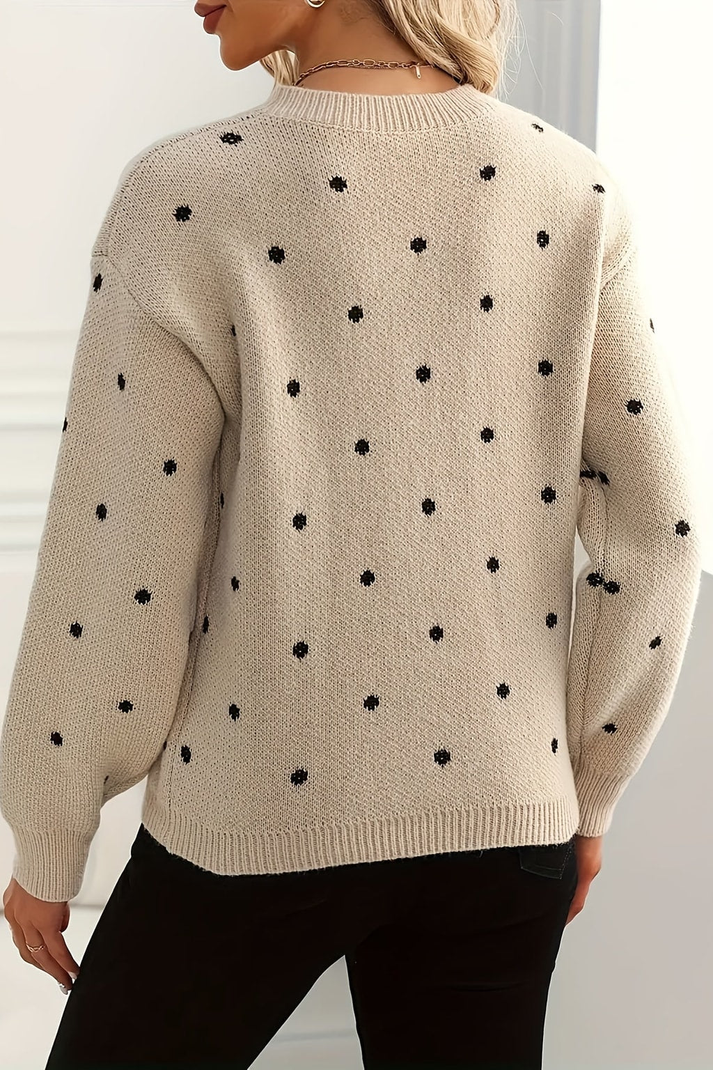 Knit Polka Dot Sweater with Round Neckline - 3