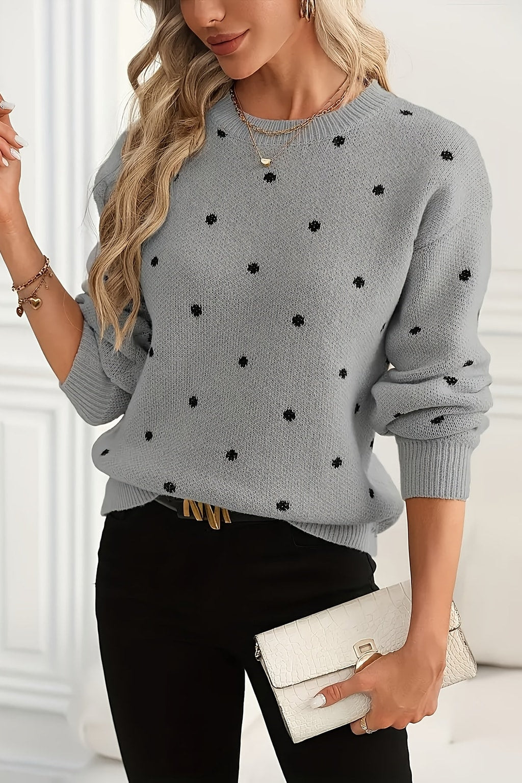 Knit Polka Dot Sweater with Round Neckline - 5