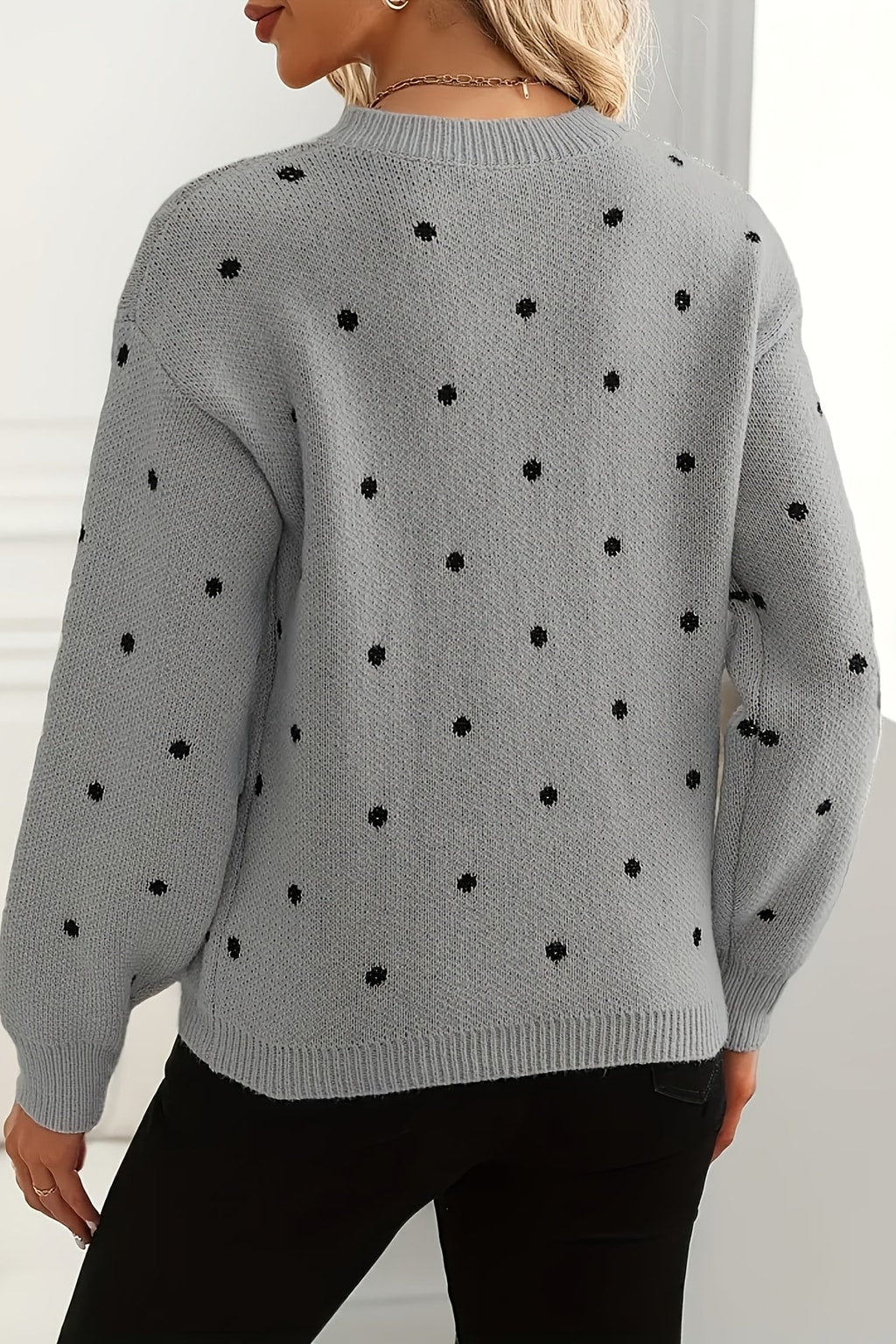 Knit Polka Dot Sweater with Round Neckline - 7