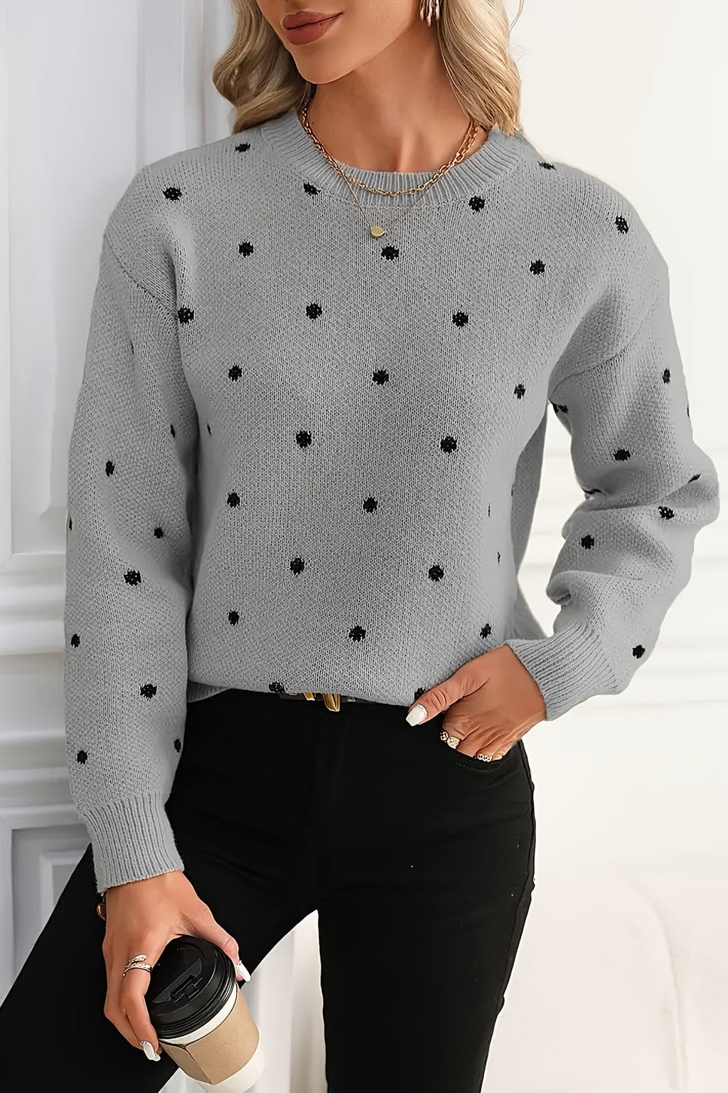 Knit Polka Dot Sweater with Round Neckline - 8