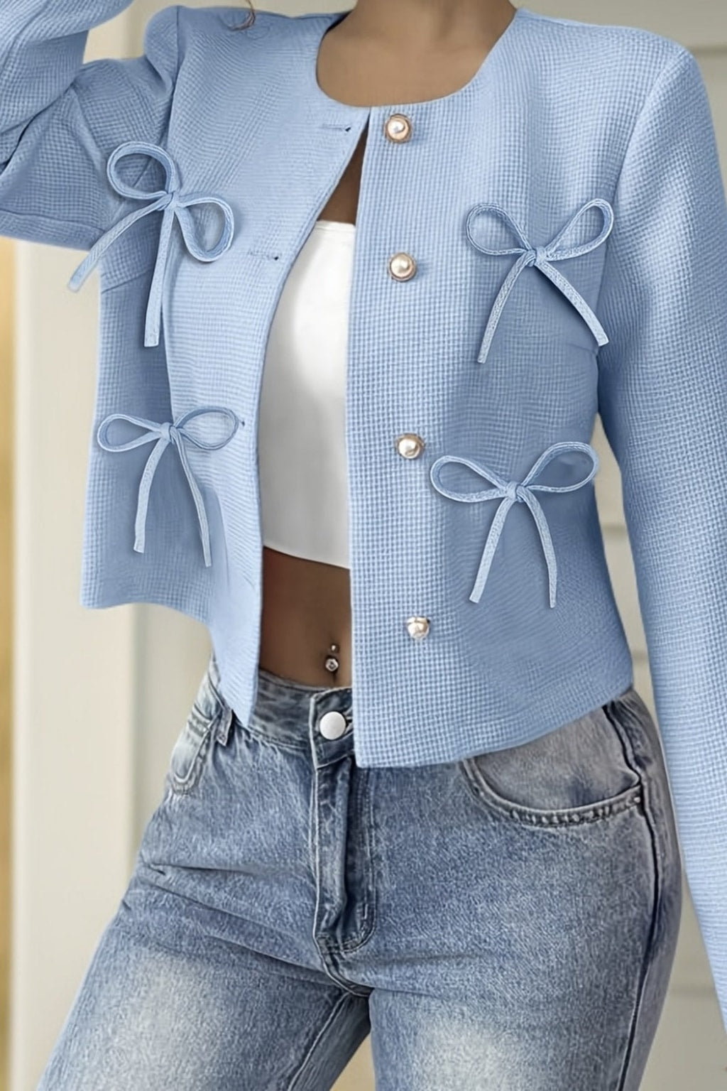 Short Blue Jacket With Bow Details - 4