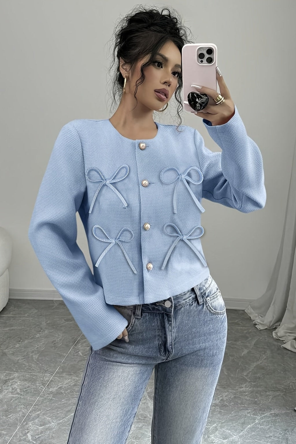 Short Blue Jacket With Bow Details - 5