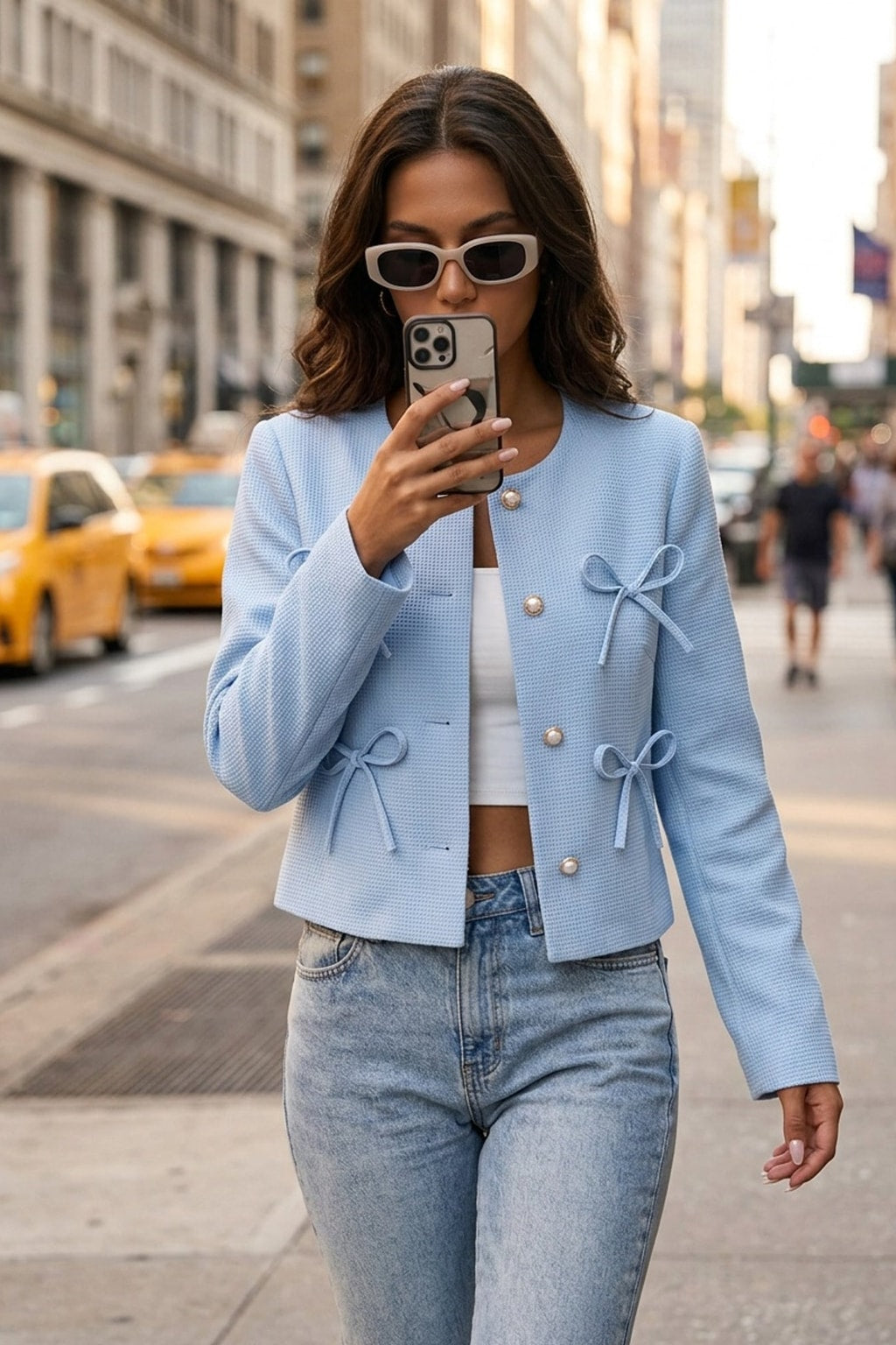 Short Blue Jacket With Bow Details - 8