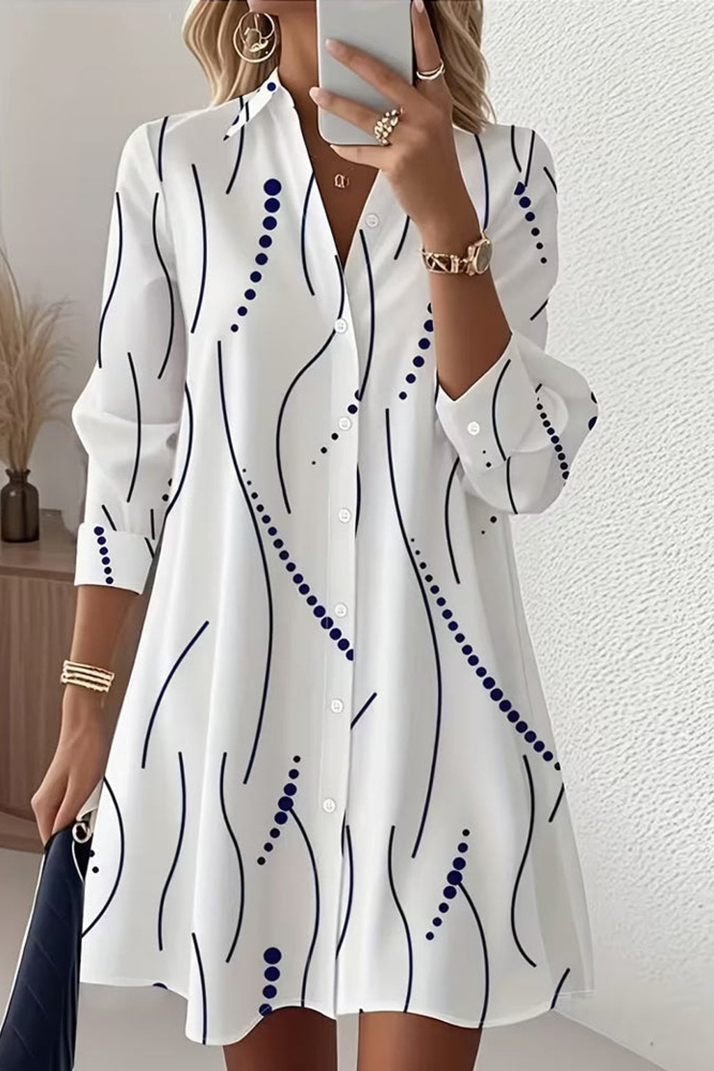 White Mini Shirt Dress with Long Sleeves - 3