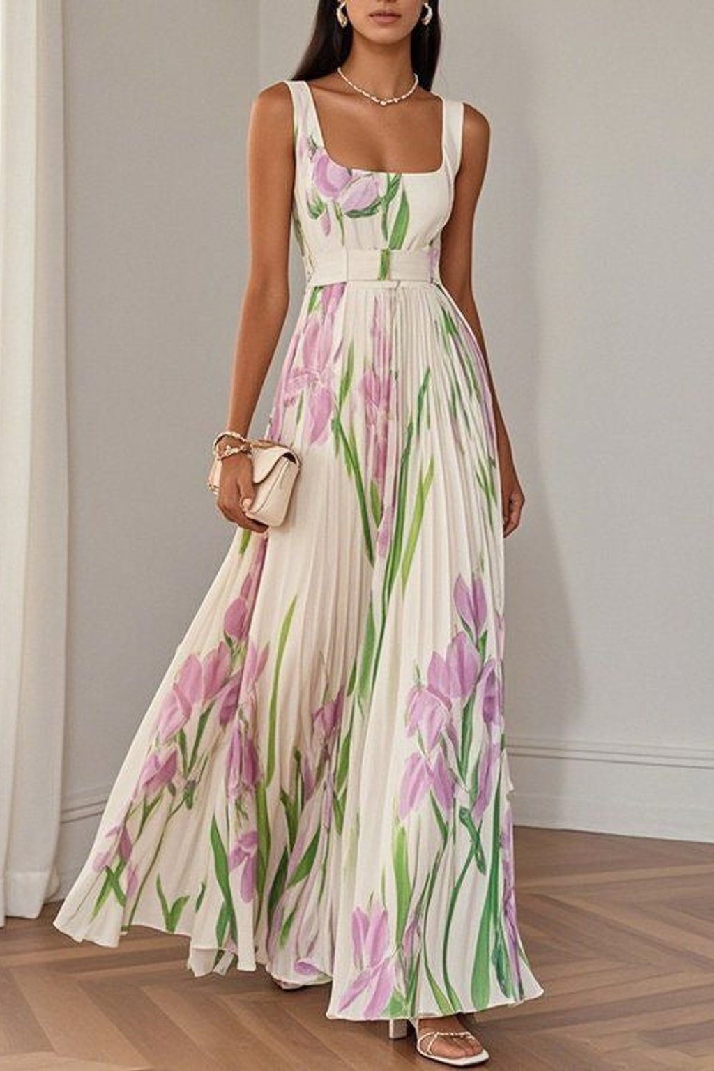 Floral Pleated Midi Dress with Square Neck - 2