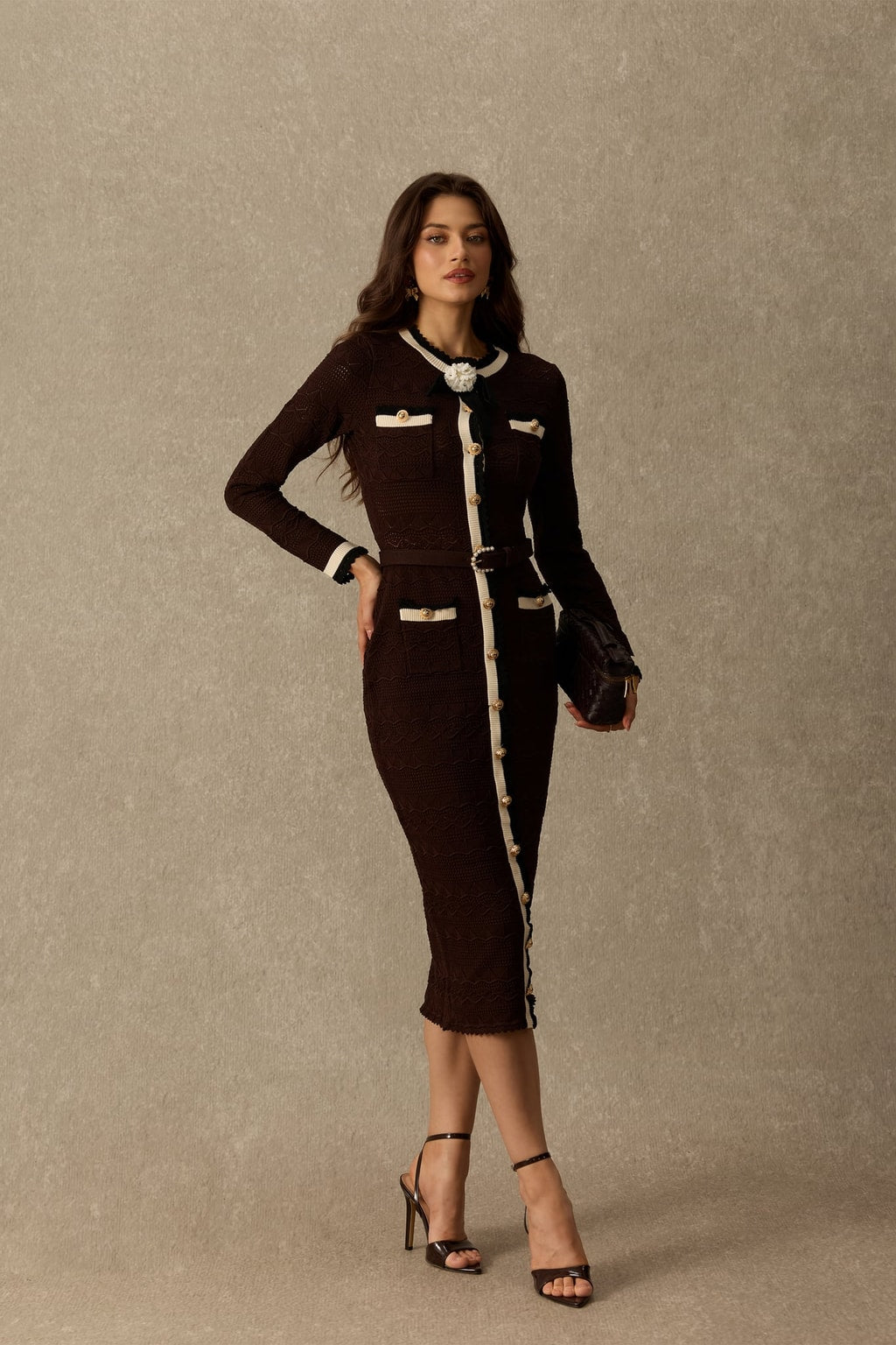 Textured Knit Midi Dress With Contrast Trim - 2