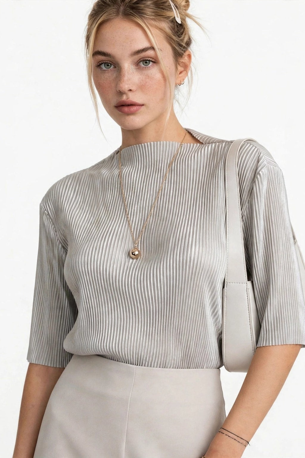 Pleated Mock Neck Top With Wide Sleeves - 2