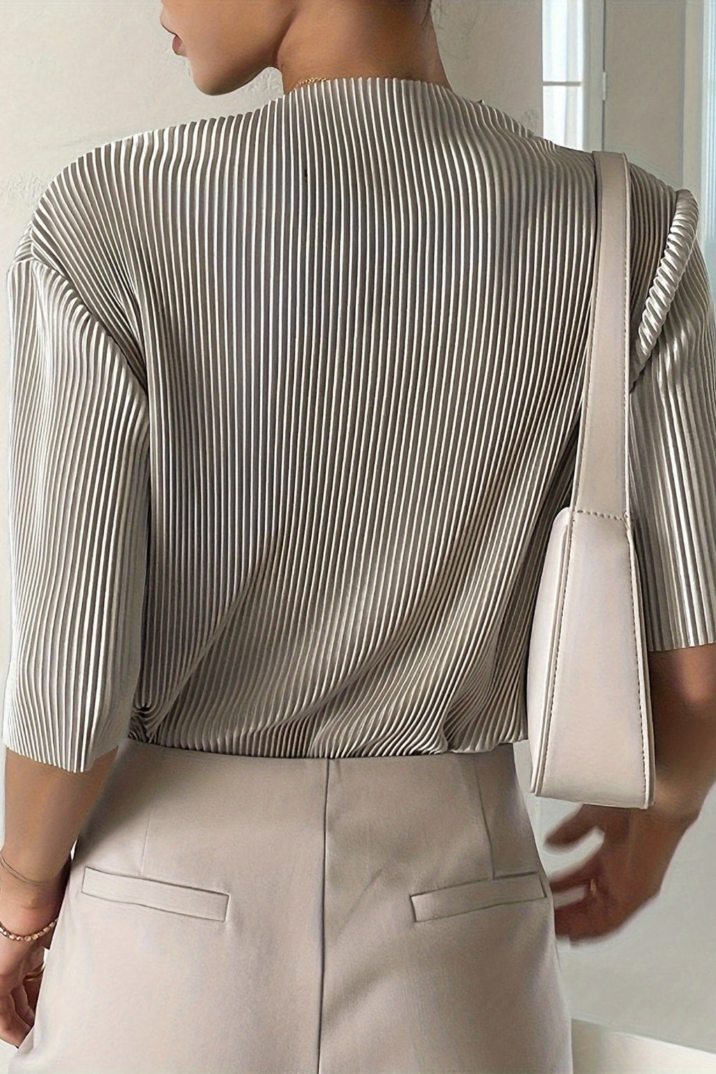 Pleated Mock Neck Top With Wide Sleeves - 5