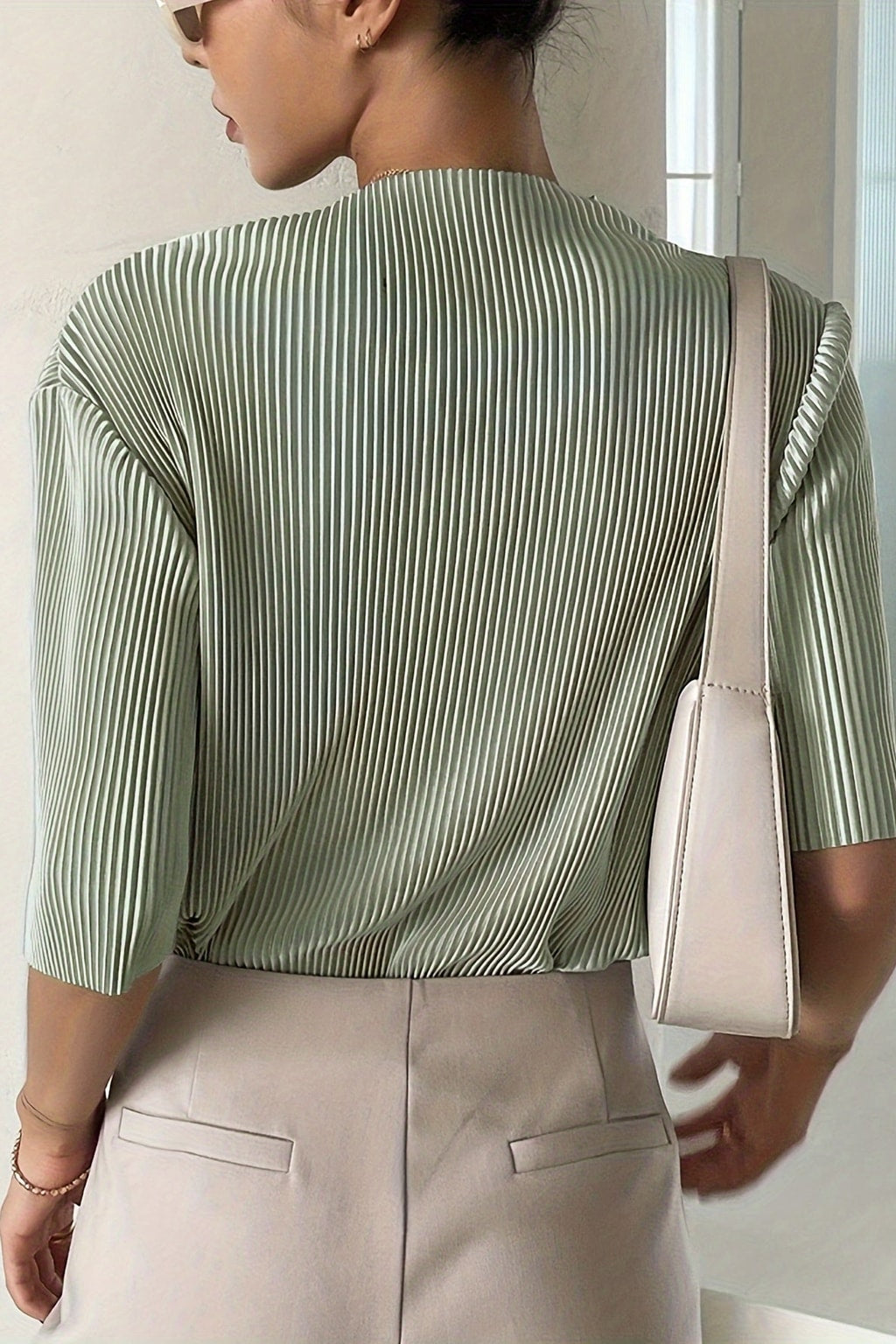 Pleated Mock Neck Top With Wide Sleeves - 7