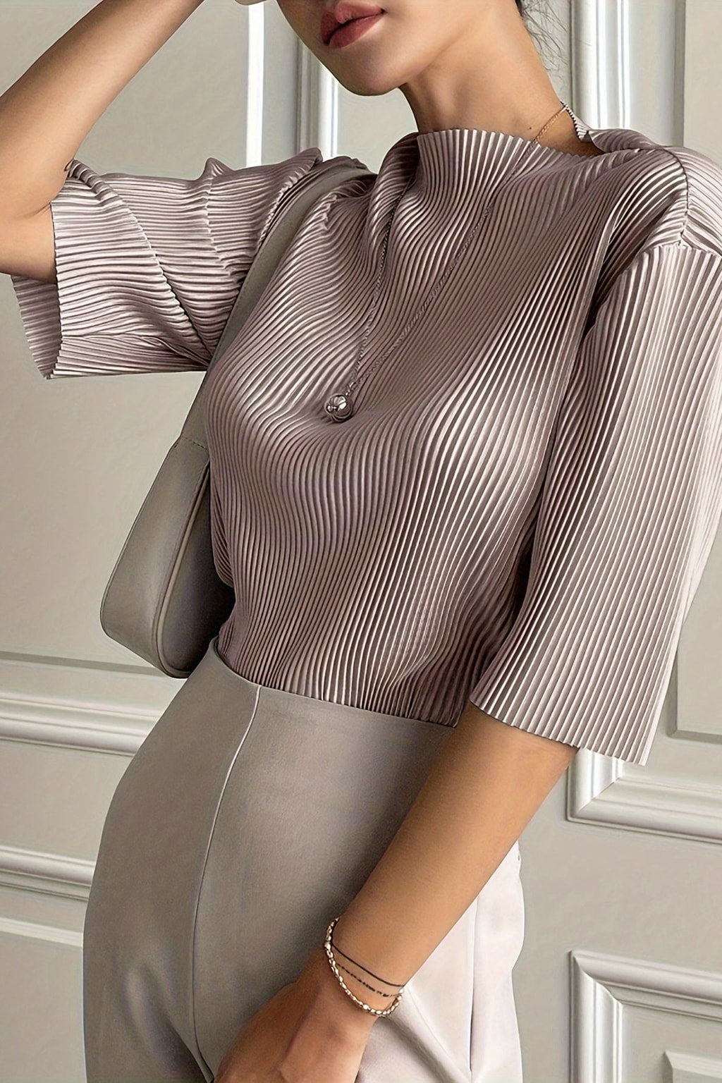 Pleated Mock Neck Top With Wide Sleeves - 9