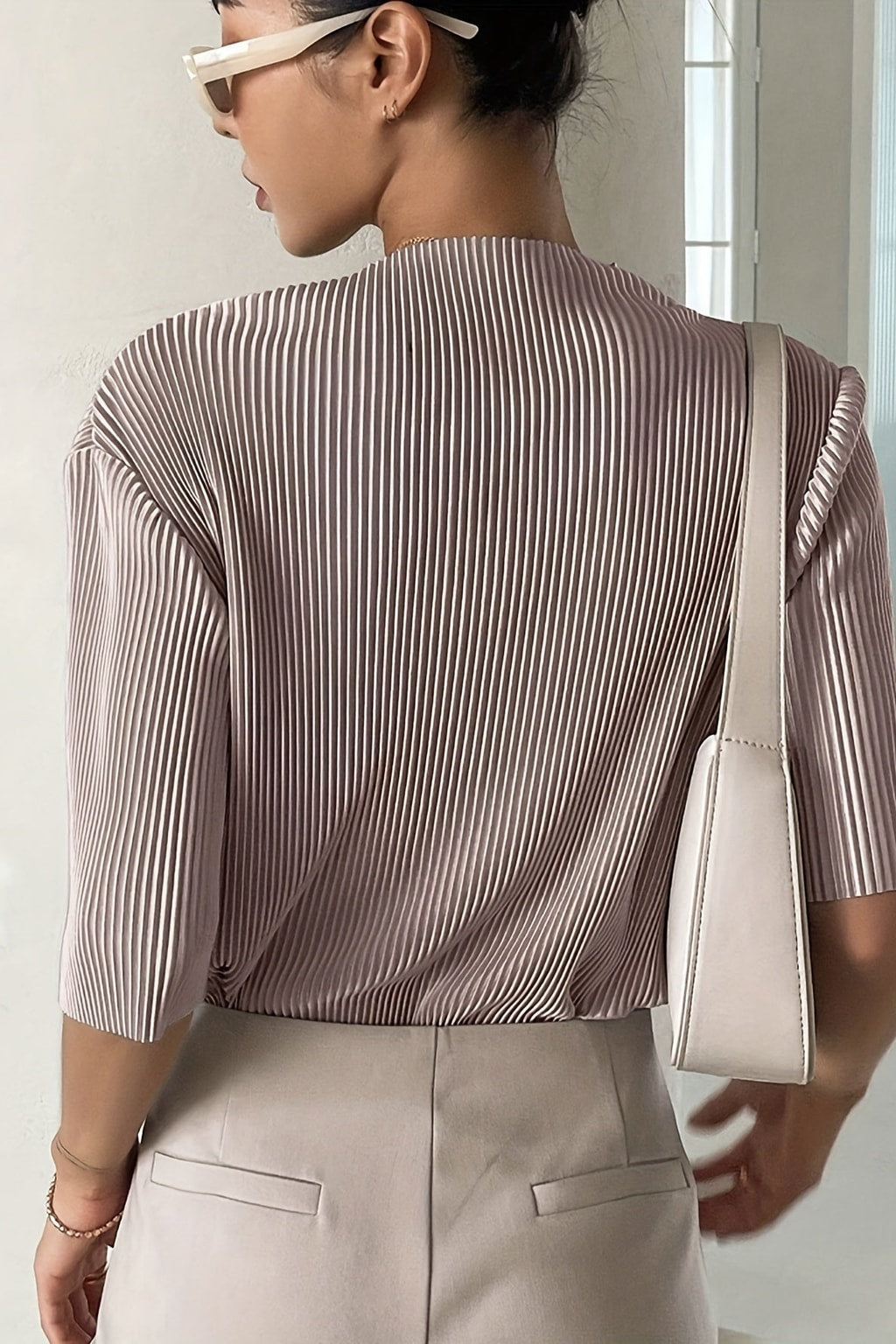 Pleated Mock Neck Top With Wide Sleeves - 10