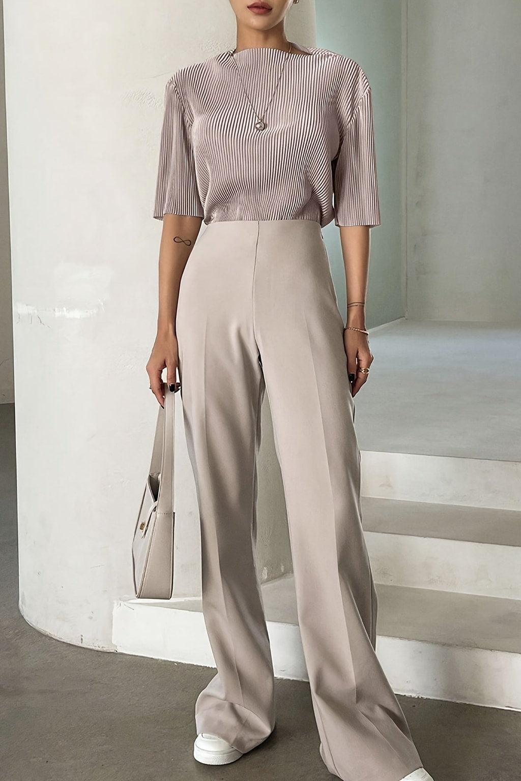 Pleated Mock Neck Top With Wide Sleeves - 12