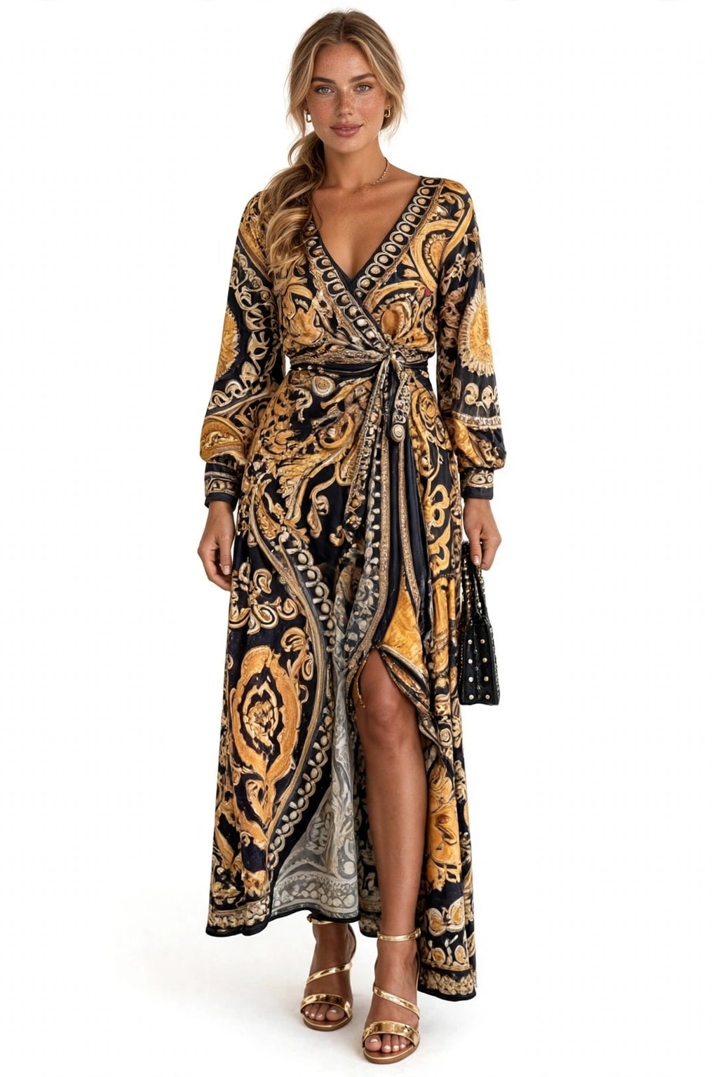 Yellow Printed Maxi Dress With High Slit - 5