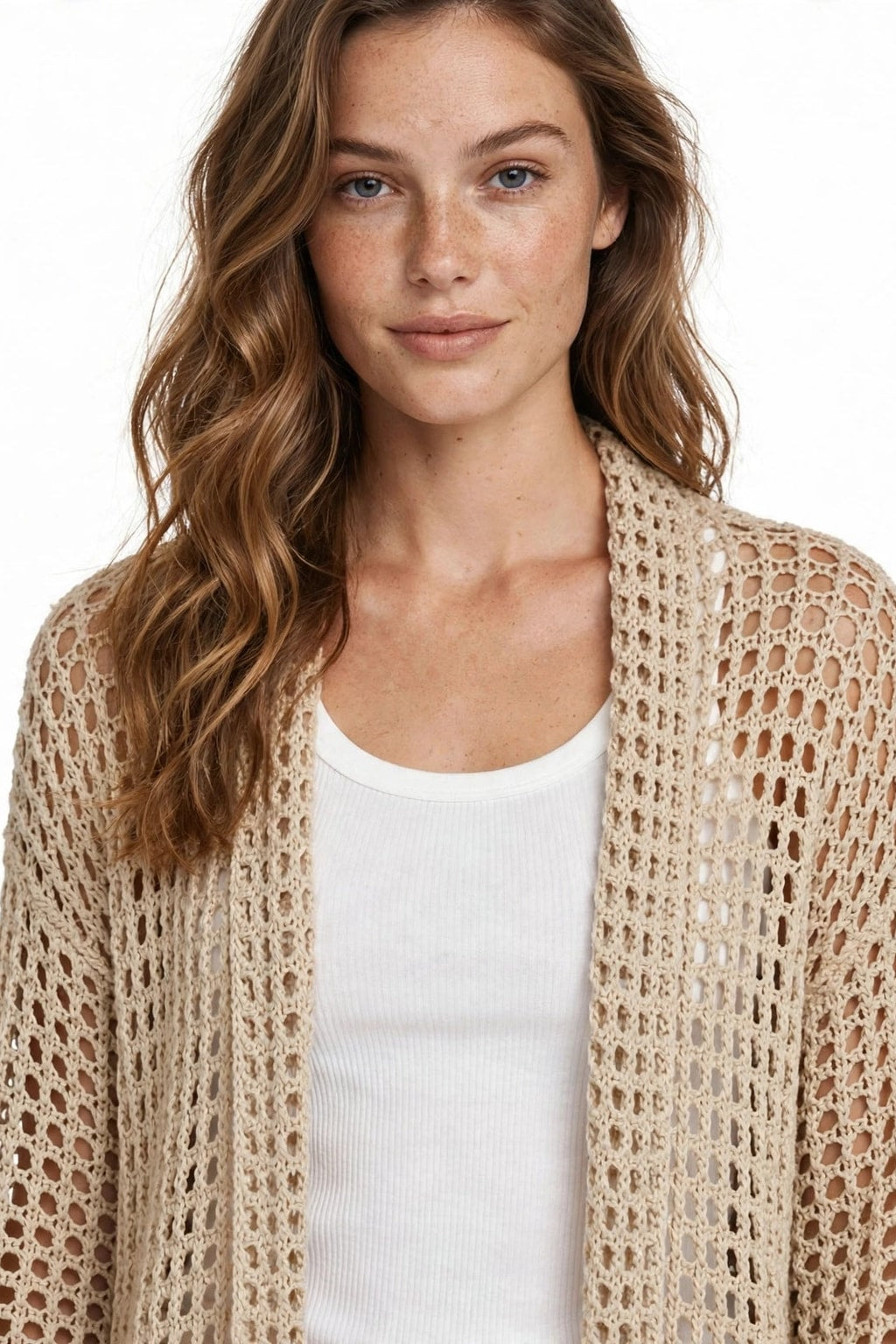 Beige Open-Knit Cardigan With Draped Front - 7