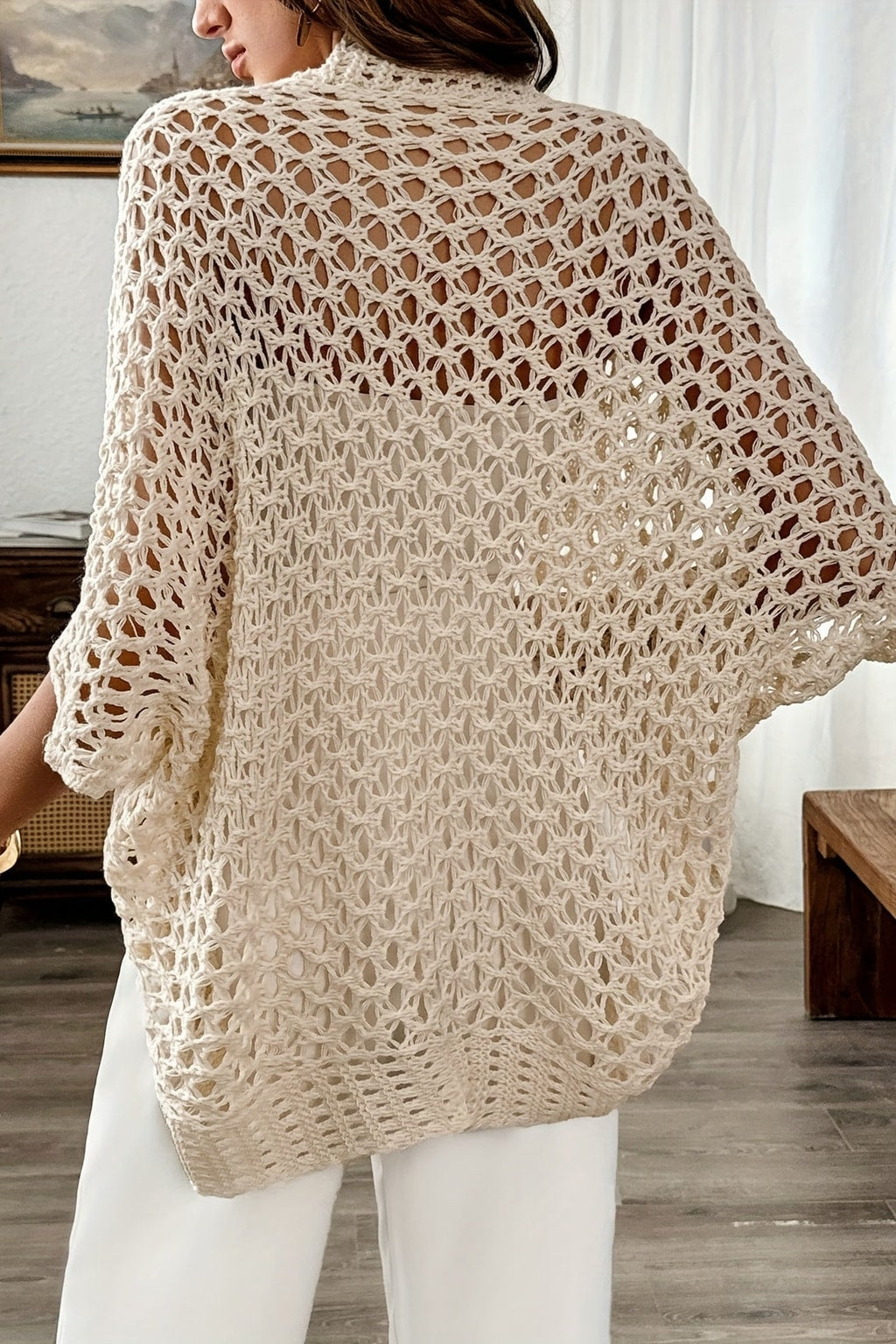 Beige Open-Knit Cardigan With Draped Front - 5