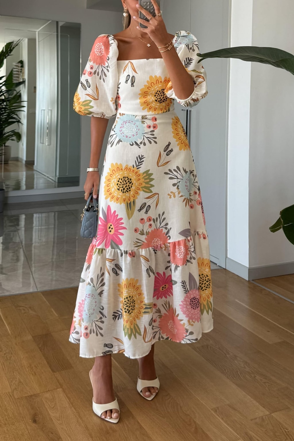 Floral Puff Sleeve Midi Dress - 2