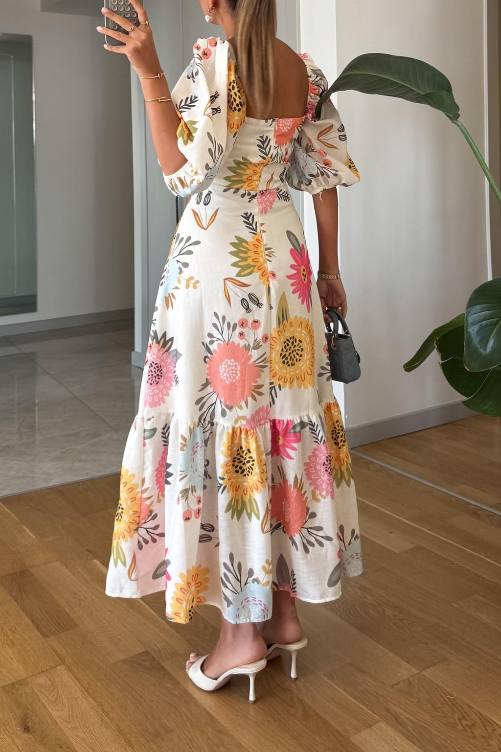 Floral Puff Sleeve Midi Dress - 3