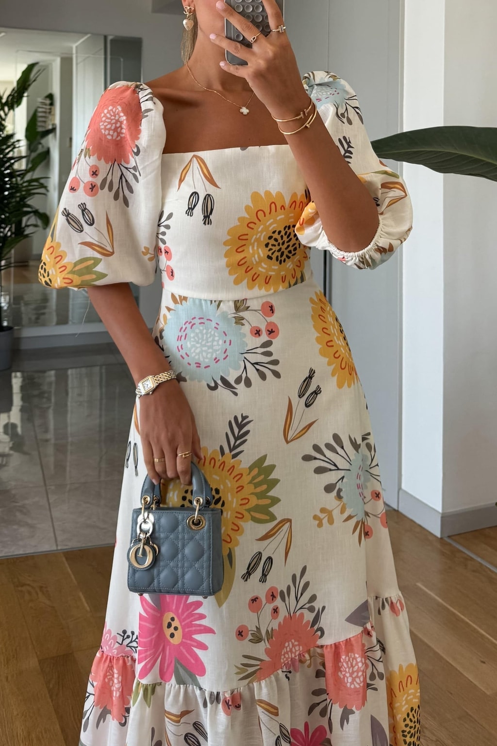 Floral Puff Sleeve Midi Dress - 4