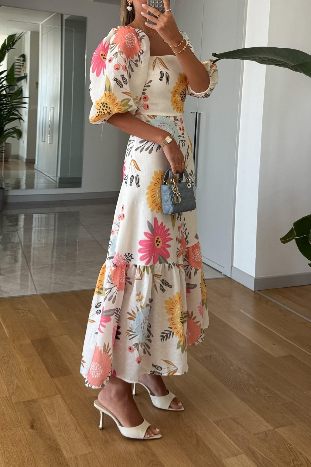 Floral Puff Sleeve Midi Dress - 6