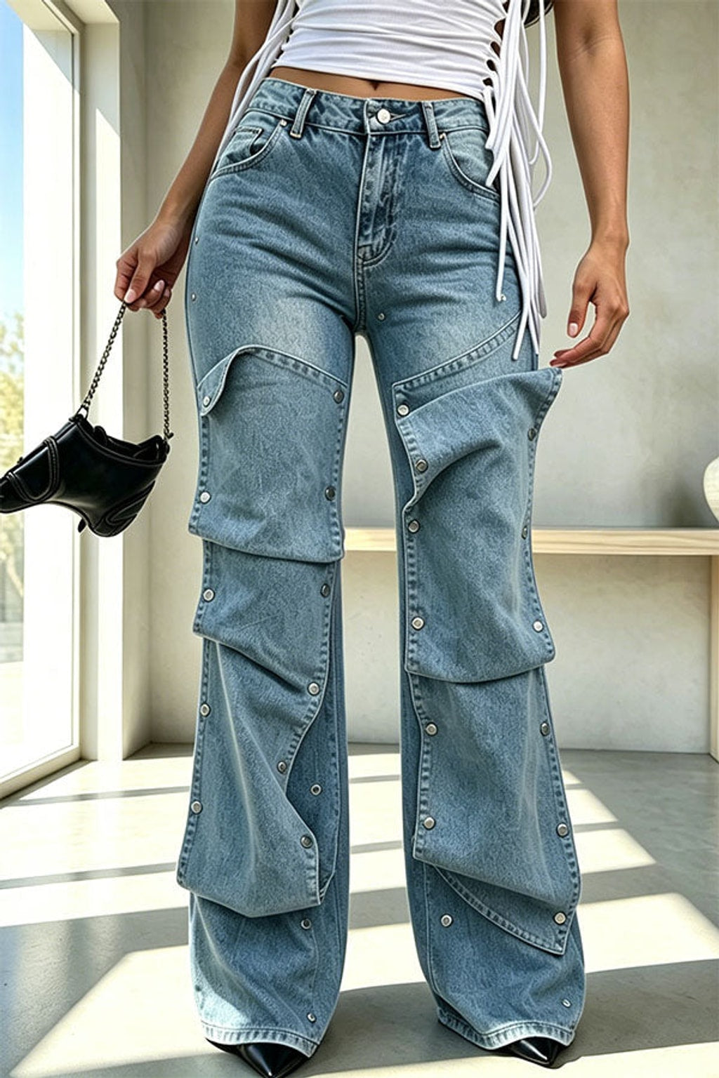 Denim Jeans With Button Stud Detail - 4