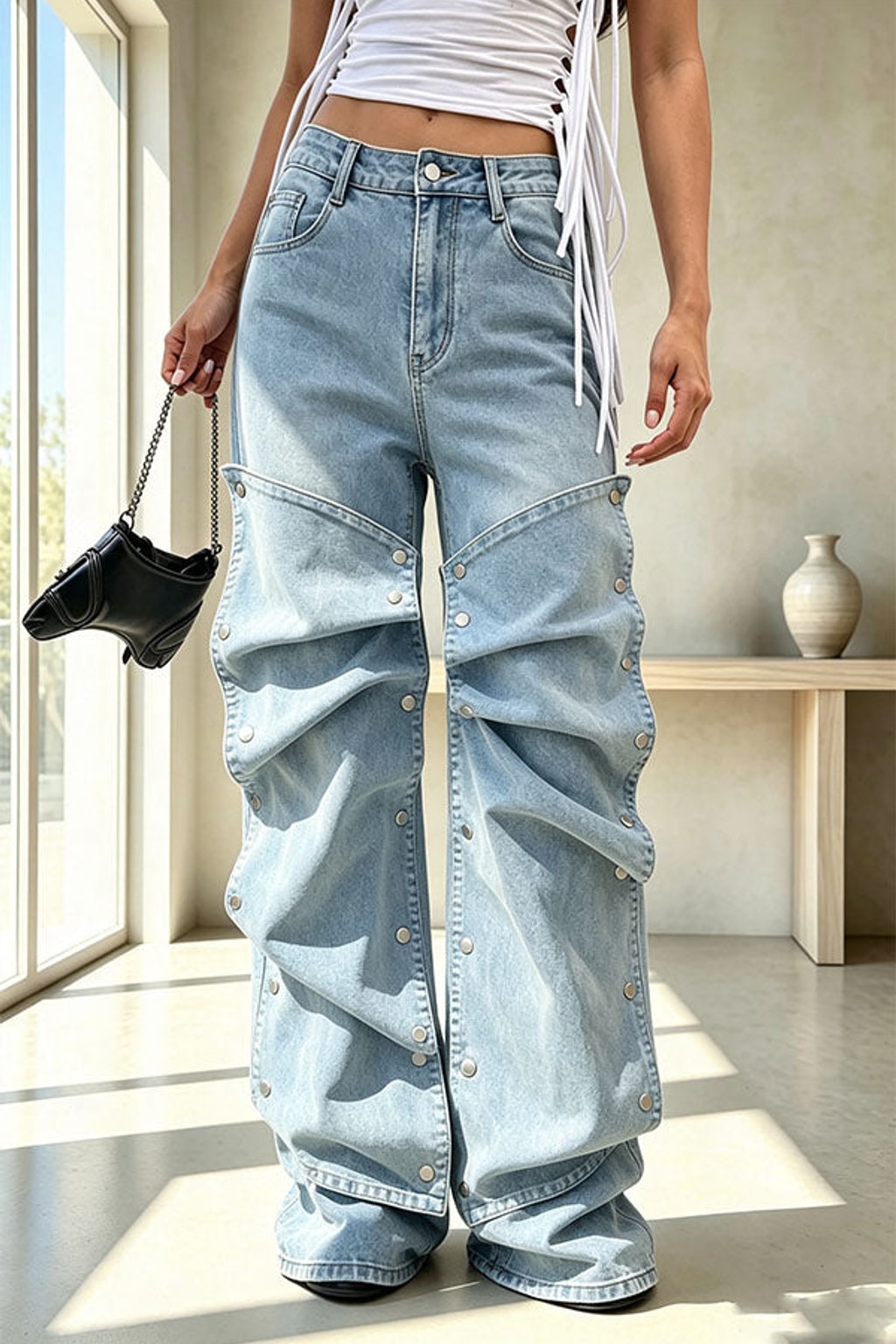 Denim Jeans With Button Stud Detail - 5