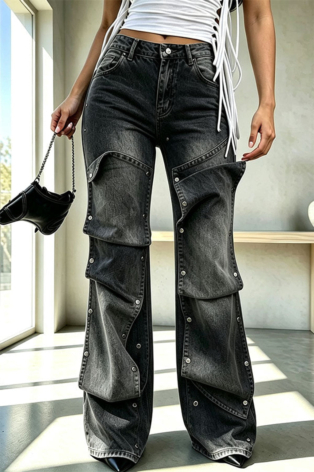 Denim Jeans With Button Stud Detail - 3
