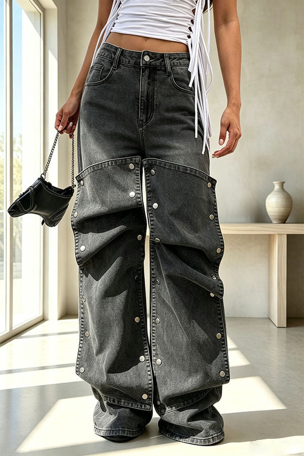 Denim Jeans With Button Stud Detail - 1